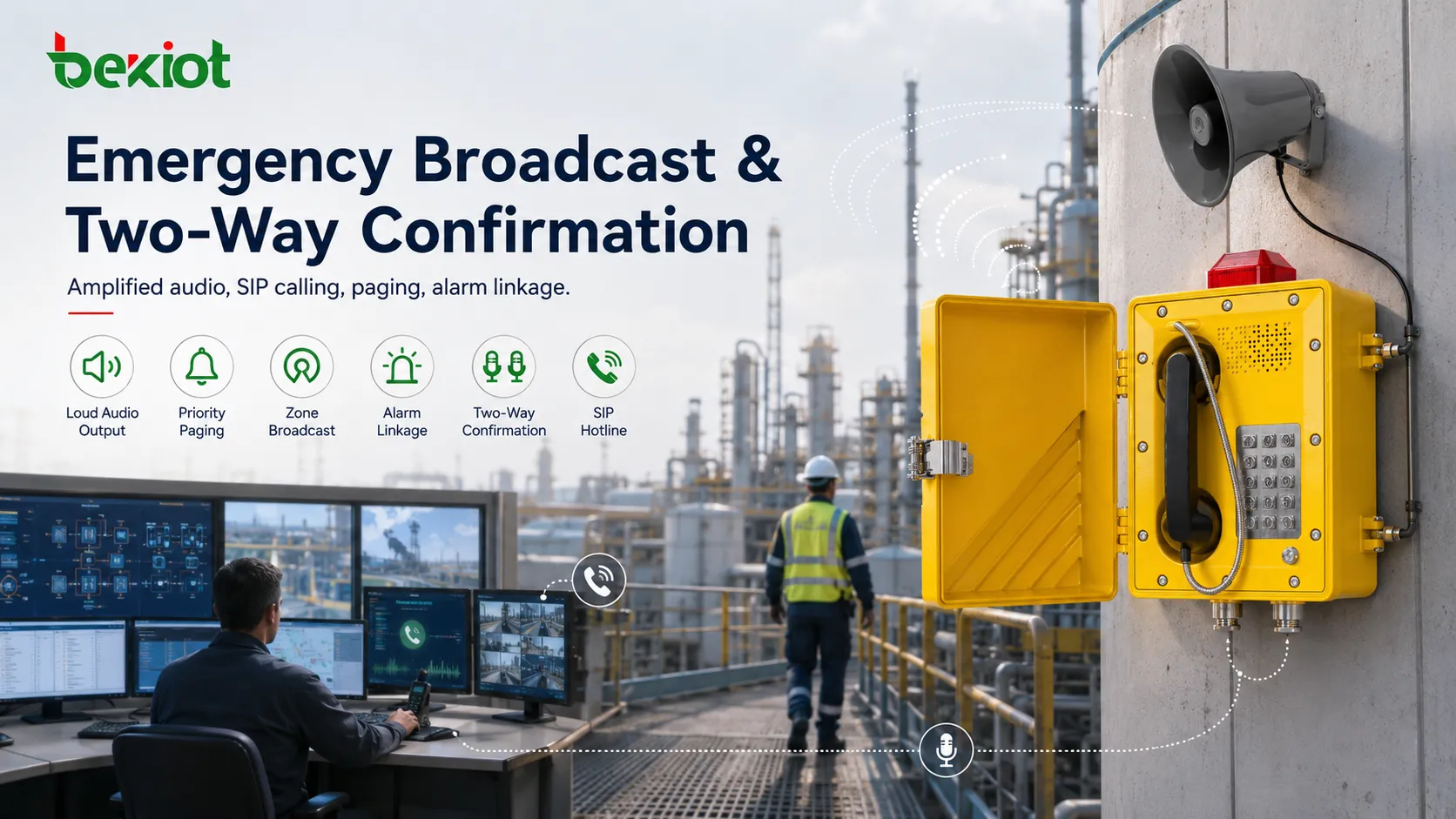 Recursos de emergência do telefone SIP amplificado mostrando saída de áudio potente chamada SIP direta avisos prioritários transmissão por zonas integração de alarmes e confirmação bidirecional