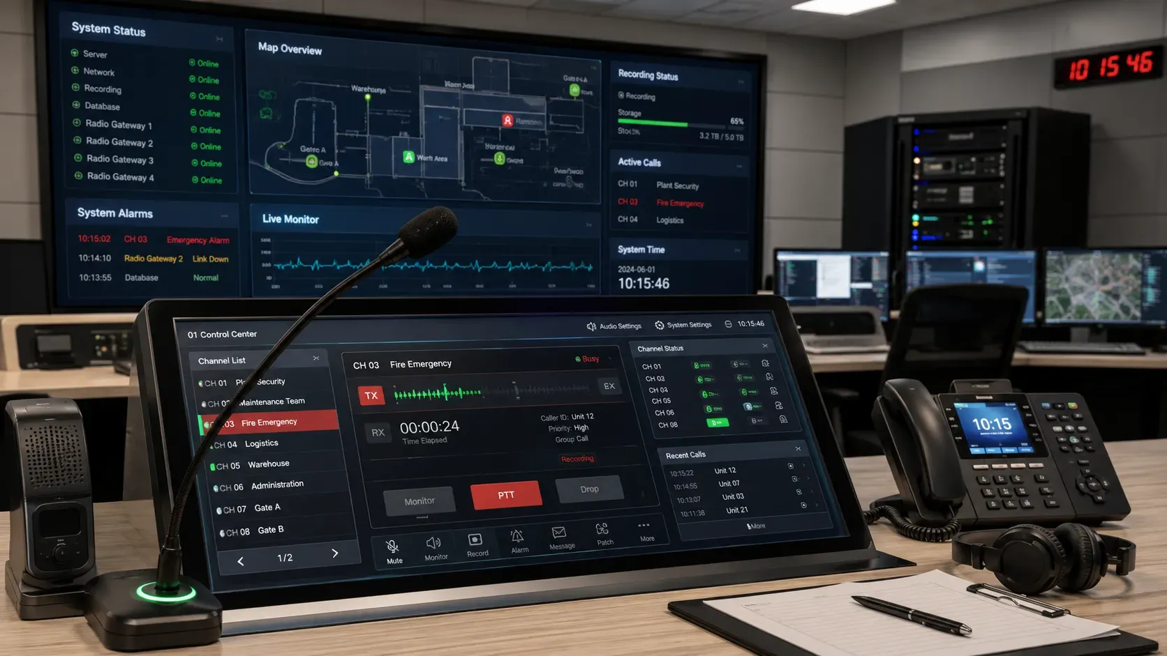 Centro profissional de despacho por rádio com console touchscreen, microfone PTT, monitoramento de canais e interface de gravação