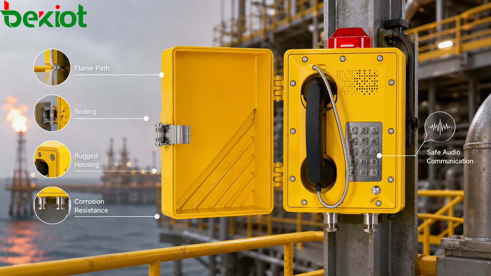 Projeto de materiais de telefone à prova de explosão mostrando invólucro metálico anticorrosivo, monofone selado, botões robustos, prensa-cabo, gaxeta, tratamento de superfície e ambiente industrial severo