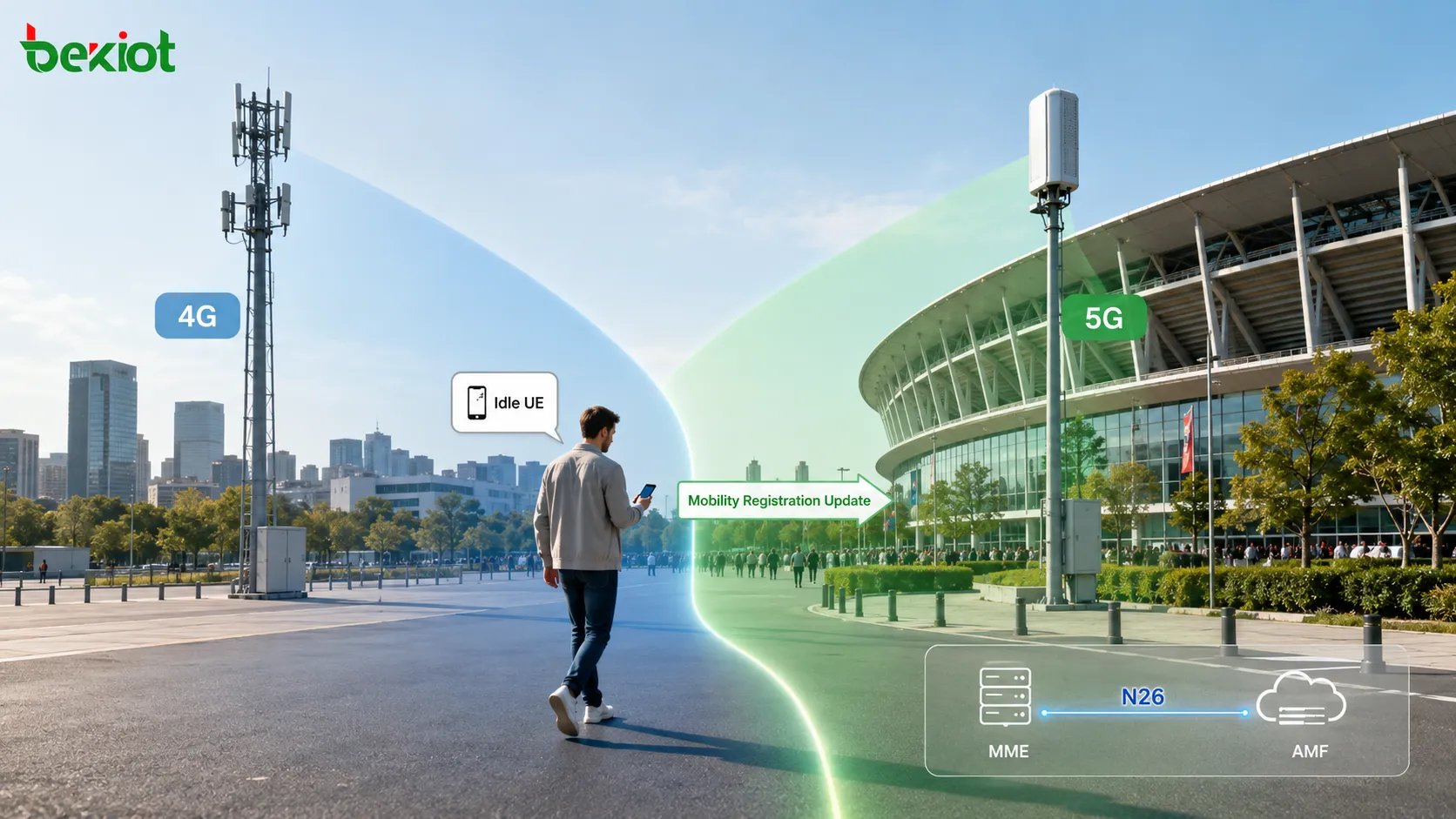 Mobilidade em modo inativo de 4G para 5G mostrando o UE a mover‑se da cobertura LTE eNodeB para a cobertura 5G gNodeB com a interface MME AMF N26 e atualização de registo de mobilidade