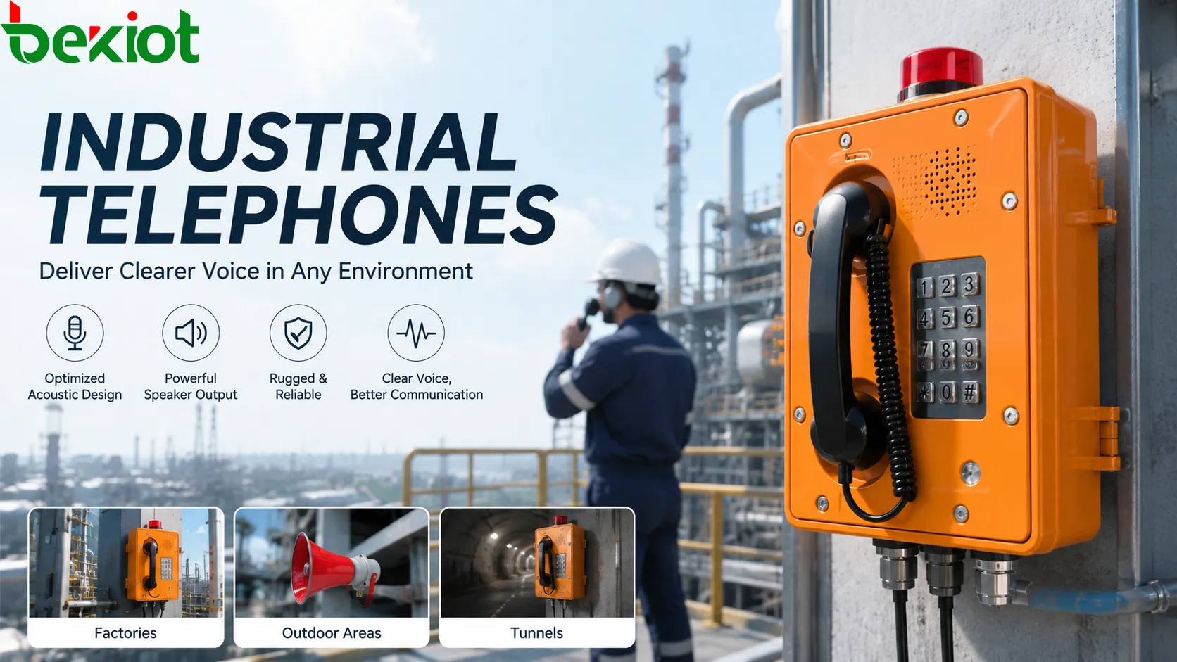 Telefone industrial melhorando a clareza de voz em fábrica ruidosa, com trabalhador usando monofone robusto próximo a máquinas e operador da sala de controle recebendo voz mais clara