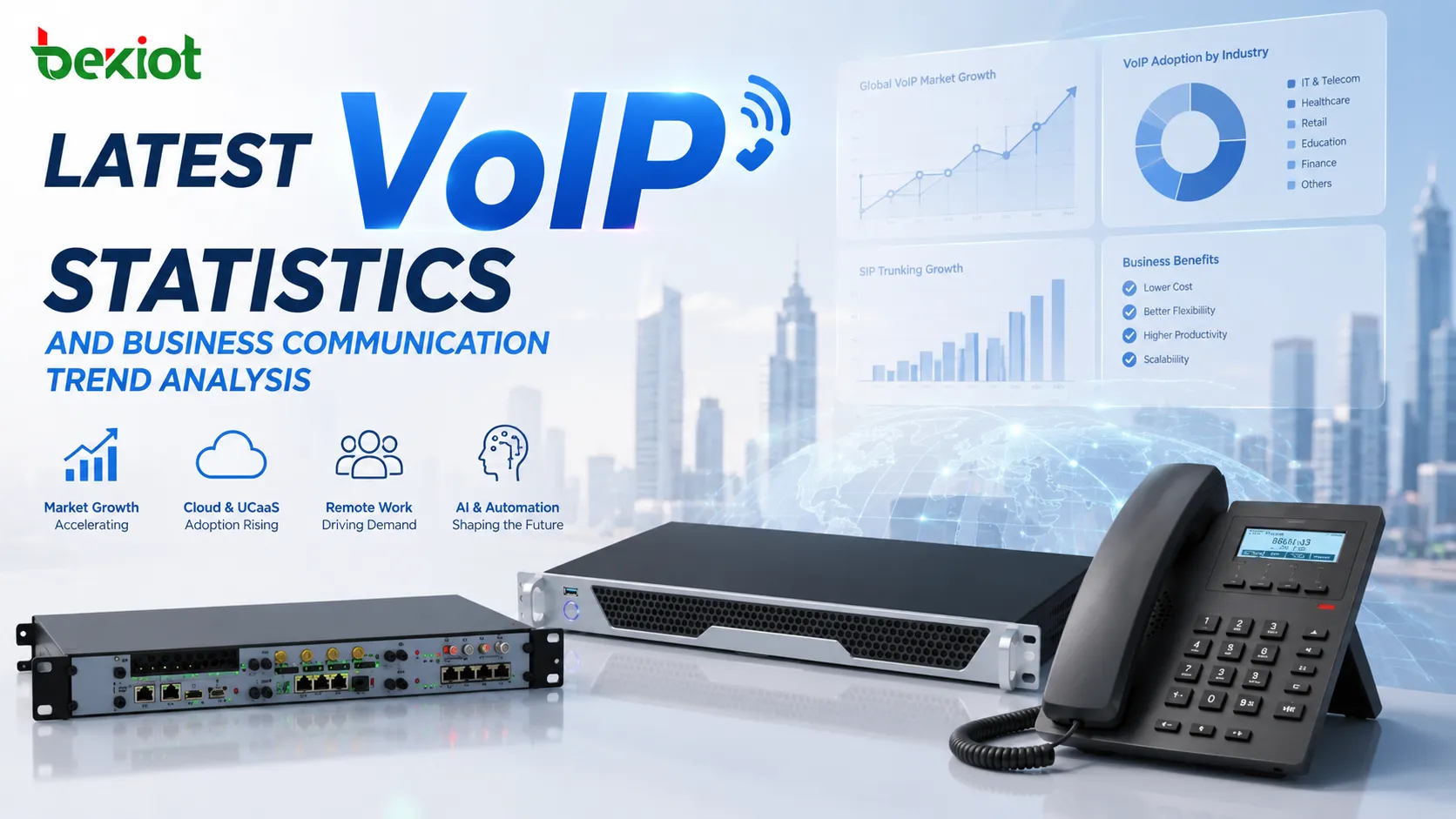 Estatísticas de VoIP mostrando sistemas de telefonia na nuvem, troncos SIP, trabalho remoto, comunicações unificadas e plataformas de voz com IA impulsionando o crescimento da comunicação empresarial