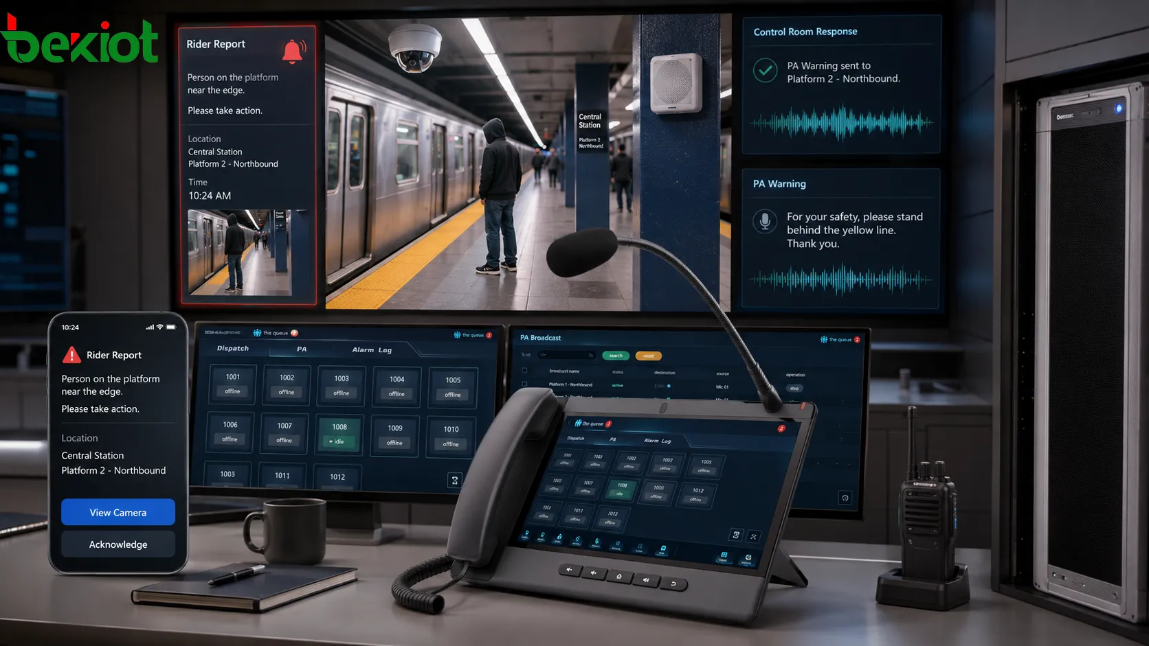 Centro de controlo de transportes a receber um relato de segurança de um passageiro e a enviar uma mensagem direcionada para uma plataforma de metro