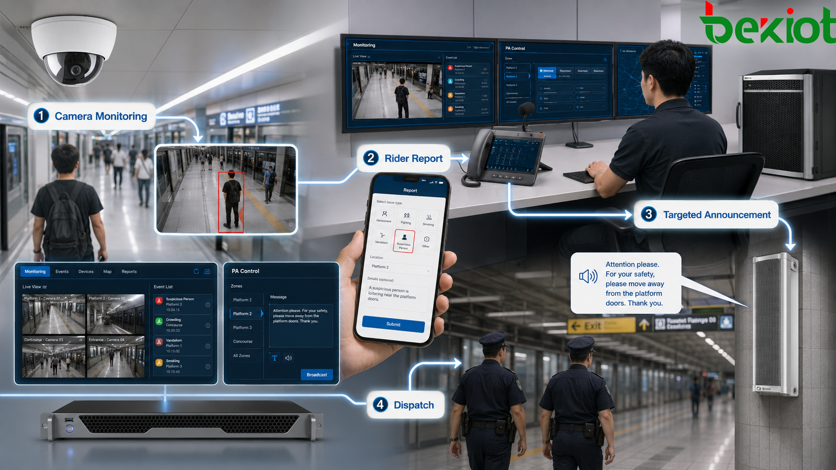 Fluxo de trabalho de sonorização digital para segurança numa estação de metro com monitorização por câmara, relato por aplicação, anúncio direcionado e envio de equipas de fiscalização