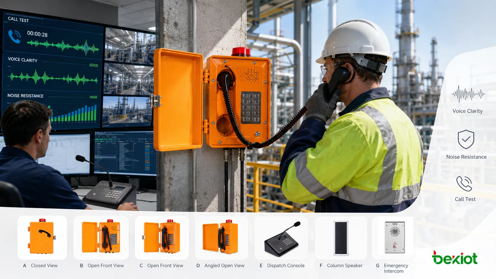 Teste de qualidade de voz de telefone industrial em fábrica com aparelho robusto de parede, trabalhador, operador da sala de controle, ruído de máquinas e lista de verificação de áudio