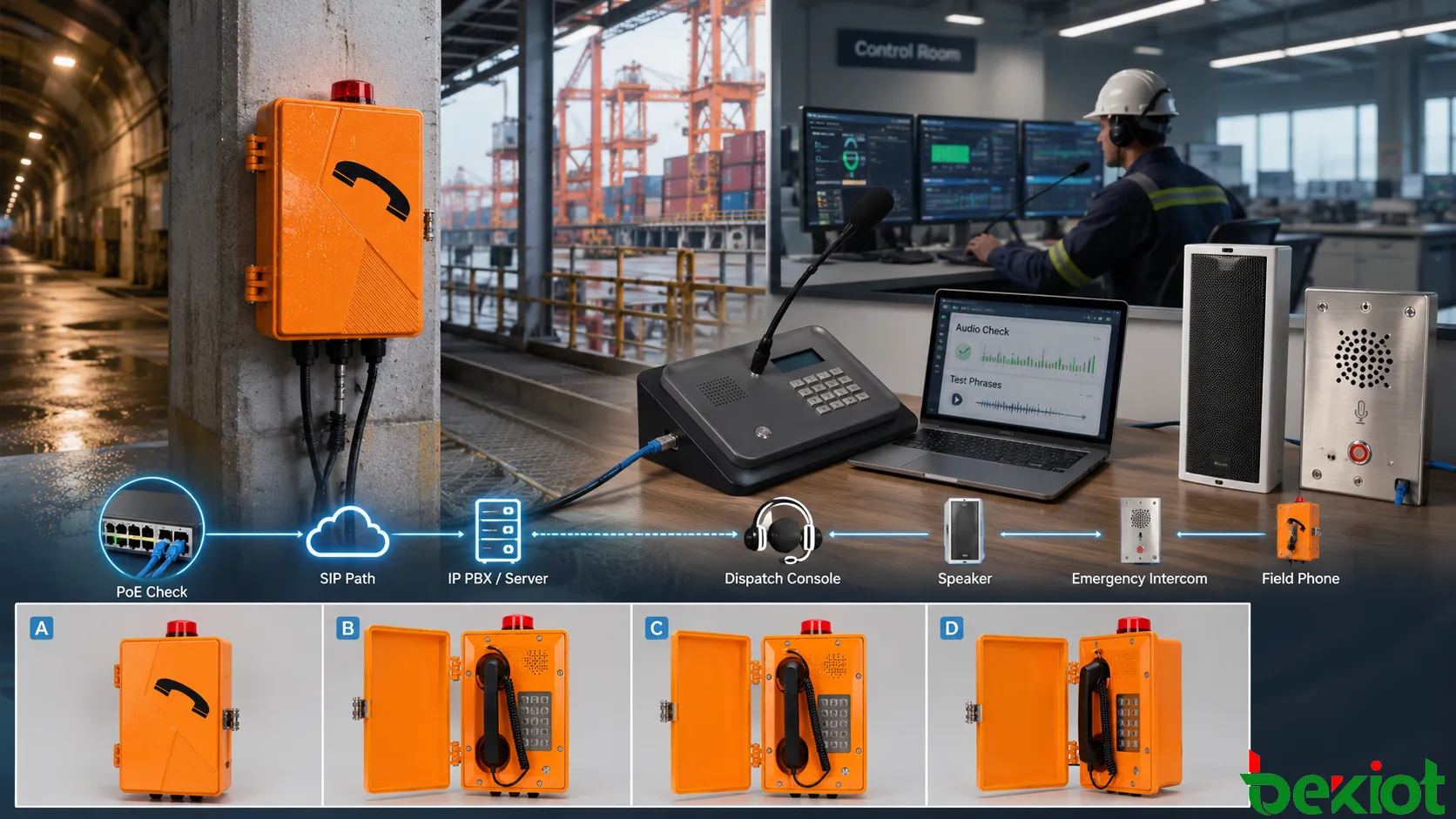 Preparação de teste de áudio de telefone industrial com frases de teste, registro SIP, caminho de rede, headset da sala de controle, verificação de linha analógica e fonte real de ruído