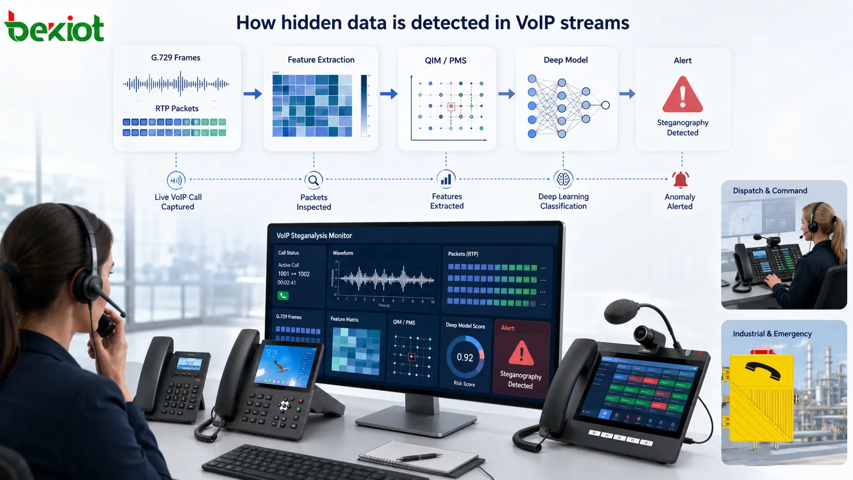 Fluxo de esteganálise VoIP mostrando quadros de voz G.729, extração de características estatísticas, detecção de padrões QIM e PMS, classificação por rede neural profunda e monitoramento de segurança em tempo real