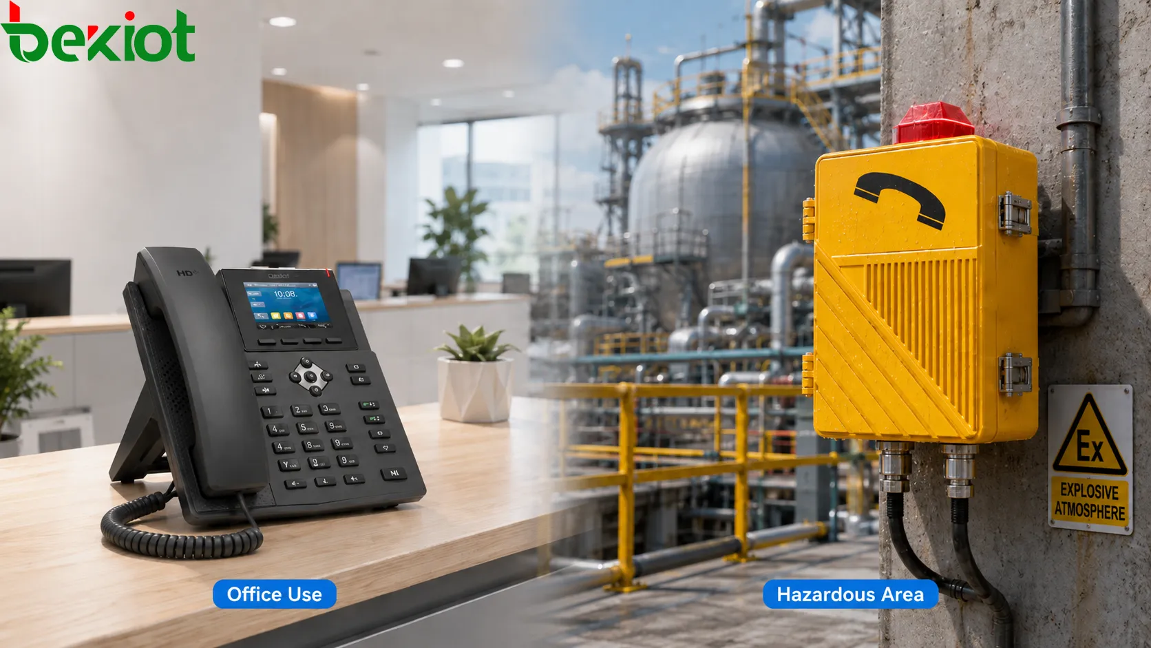 Comparação entre telefone à prova de explosão e telefone comum, mostrando área industrial perigosa, mesa de escritório, sala de controle, planta química, mina, túnel e finalidade de comunicação segura