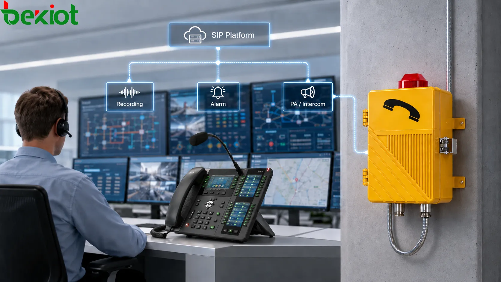 Integração de sistema de telefone à prova de explosão mostrando telefone de área perigosa conectado a console de despacho, plataforma SIP, vinculação de alarme, servidor de gravação e operador da sala de controle