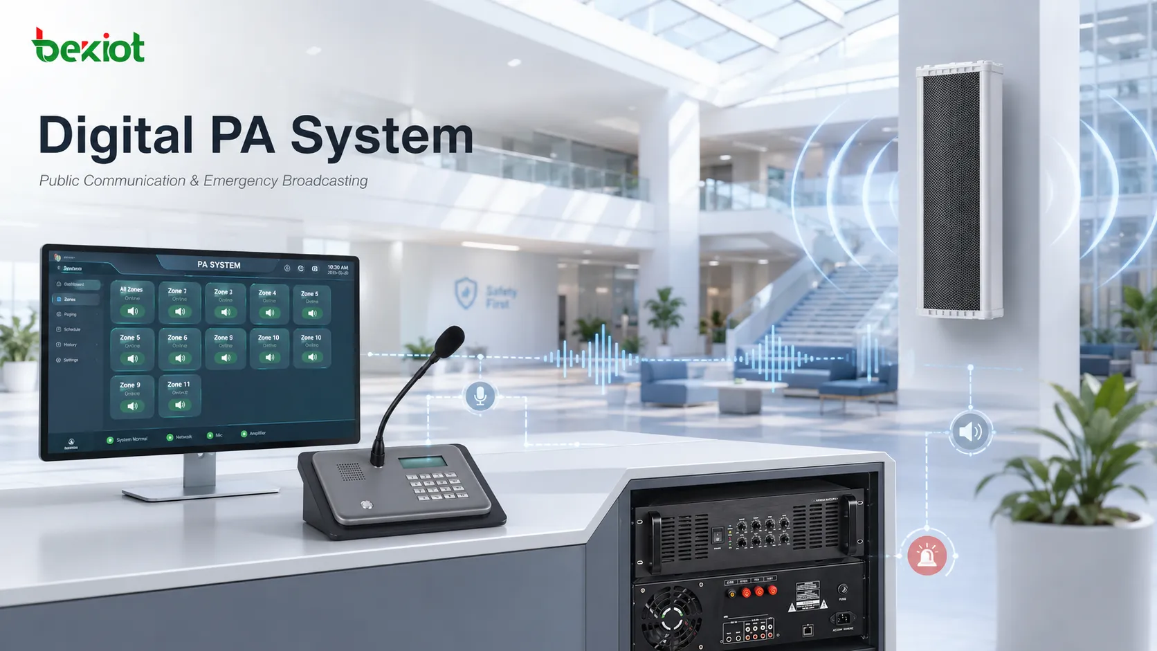 Arquitetura de sistema de PA digital com microfone, amplificador, alto-falantes de rede IP, host de controle, transmissão de emergência e zonas de sonorização pública