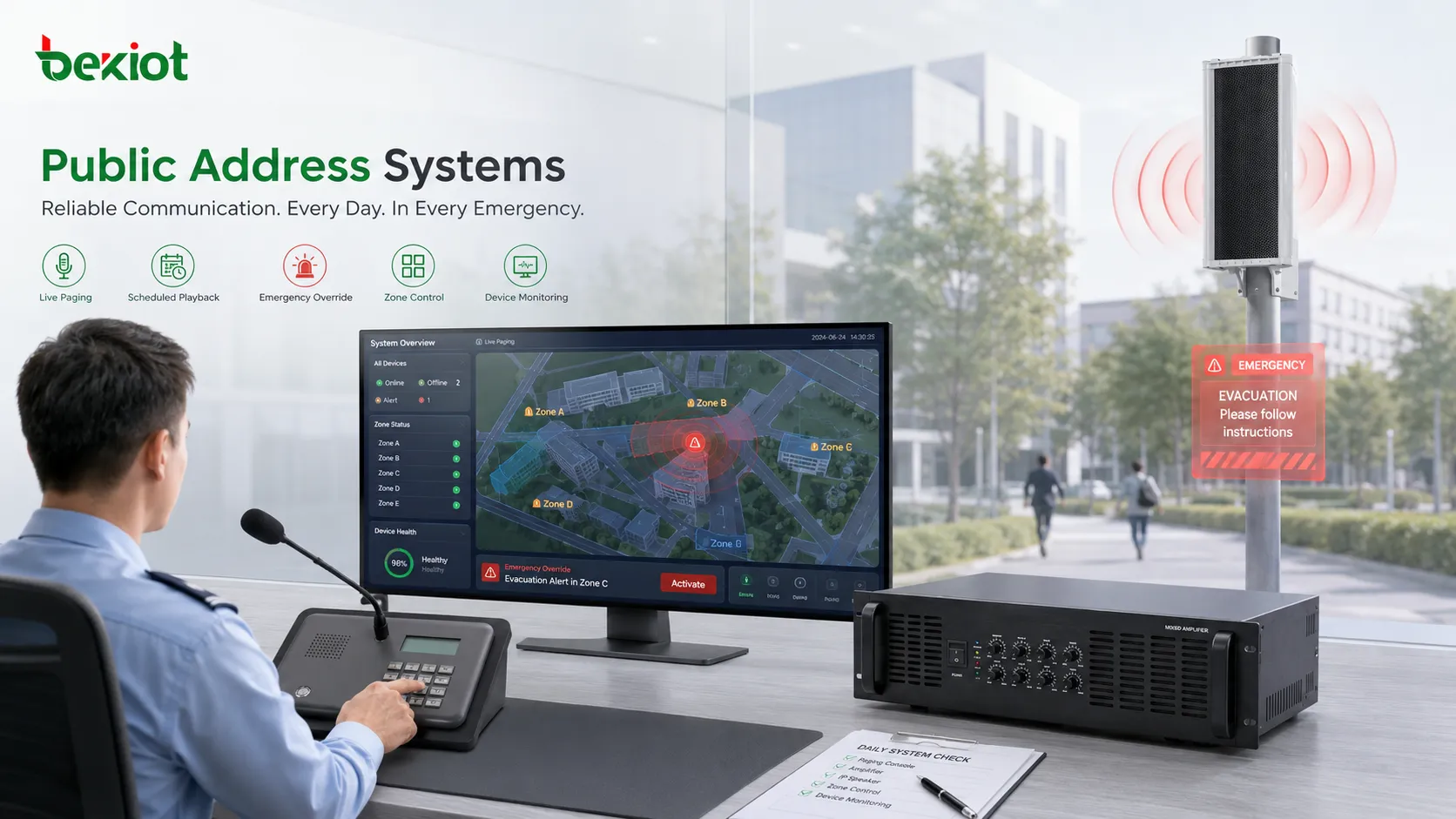 Seleção de equipamentos de sistema de sonorização pública com microfone de sala de controle, amplificador IP, alto-falante de teto, alto-falante corneta, display digital e integração com alarme de emergência