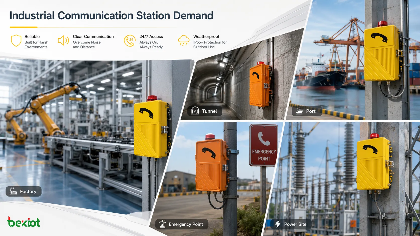 Estações de comunicação industrial usadas em fábrica, túnel, mina, porto, instalação elétrica e pátio externo, mostrando acesso de voz robusto em campo, conexão com despacho e ponto de ajuda de emergência