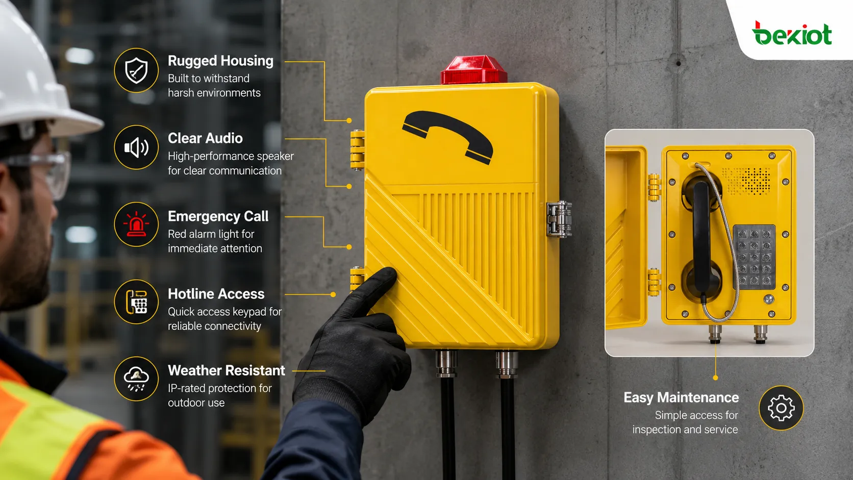 Recursos diferenciadores de uma estação de comunicação industrial, incluindo gabinete robusto, monofone com áudio claro, chamada de emergência com um botão, interface SIP, integração com alarmes e instalação resistente às intempéries
