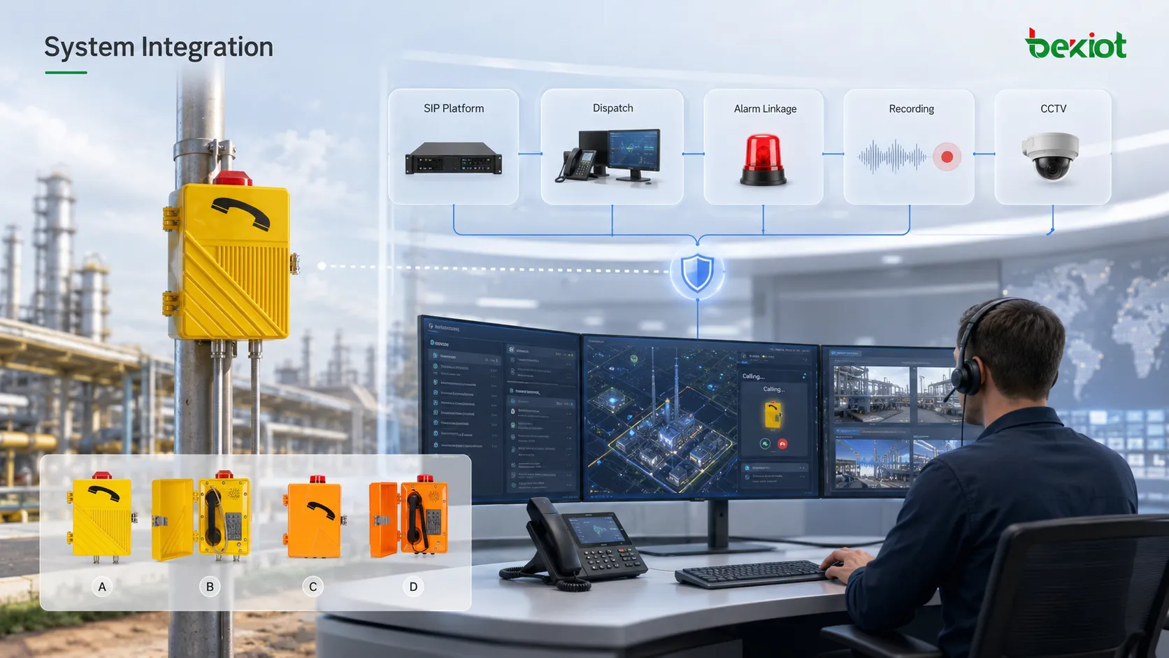 Integração de estação de comunicação industrial com plataforma SIP, console de despacho, integração de alarmes, servidor de gravação, IP PBX, estação externa e operador da sala de controle