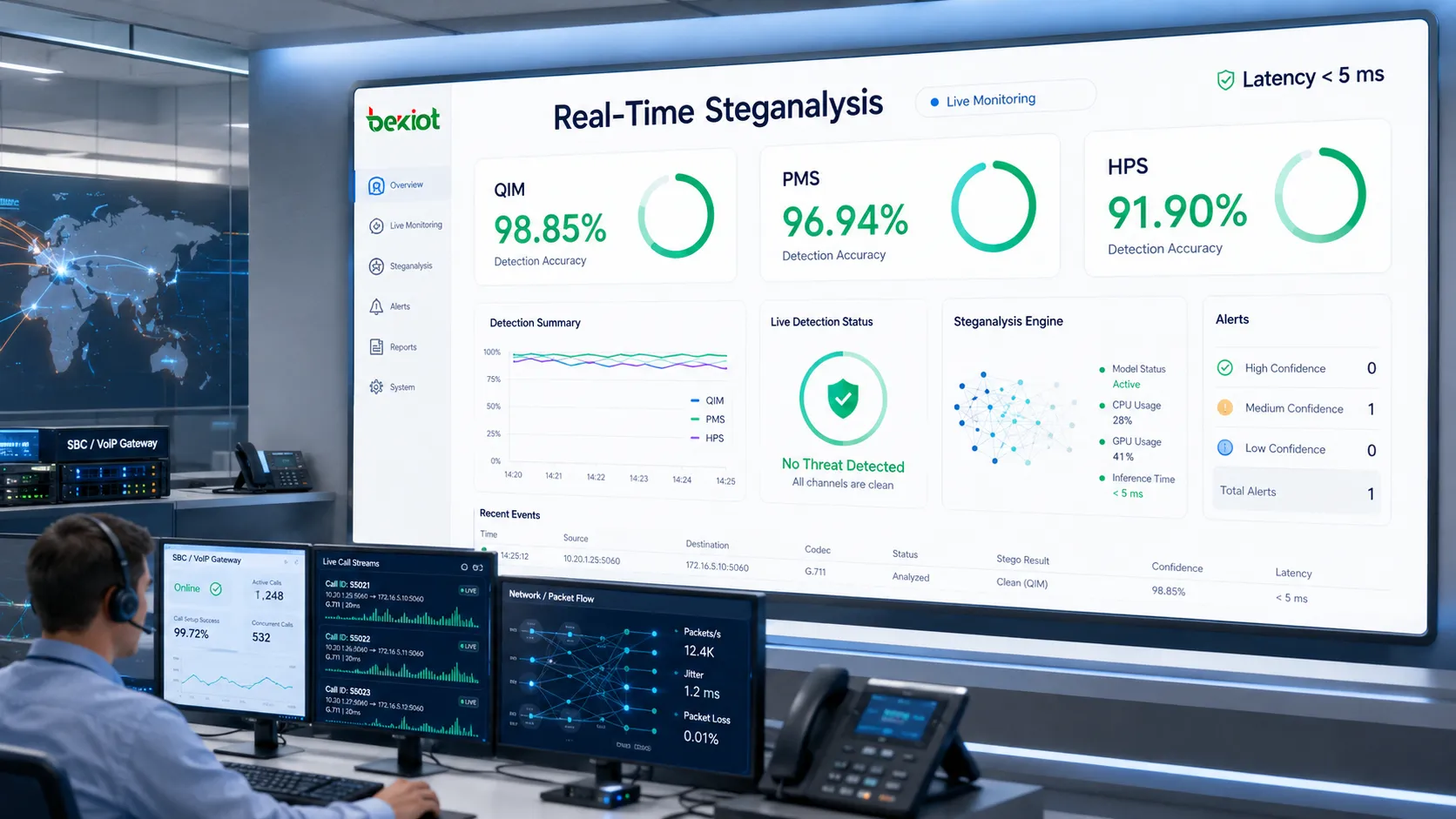 Painel de esteganálise VoIP em tempo real mostrando precisão de detecção por aprendizado profundo para QIM PMS HPS e monitoramento de segurança de baixa latência