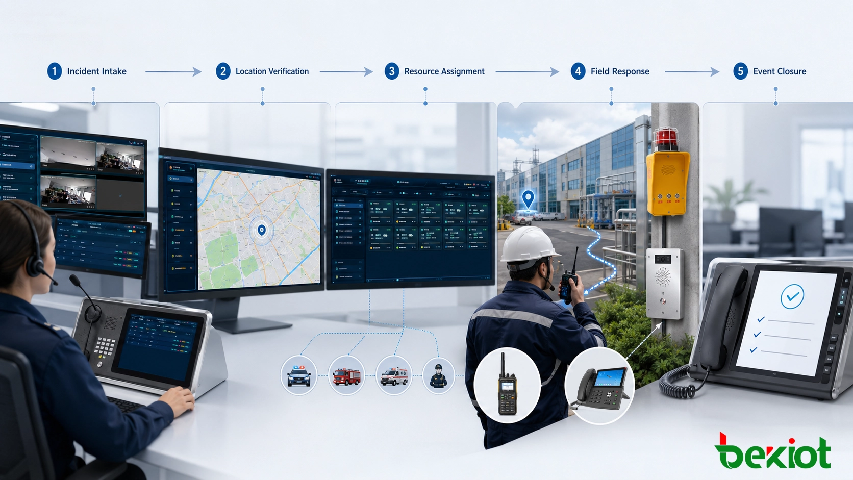 Fluxo de trabalho do despacho assistido por computador mostrando recebimento do incidente, verificação de localização, atribuição de recursos, resposta em campo e encerramento do evento