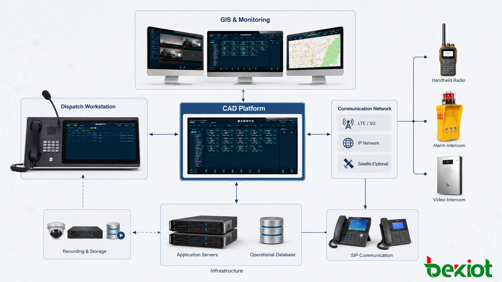 Arquitetura do sistema CAD conectando estações de trabalho de despacho, servidores de aplicação, mapas GIS, redes de comunicação, sistemas de gravação e terminais móveis de campo