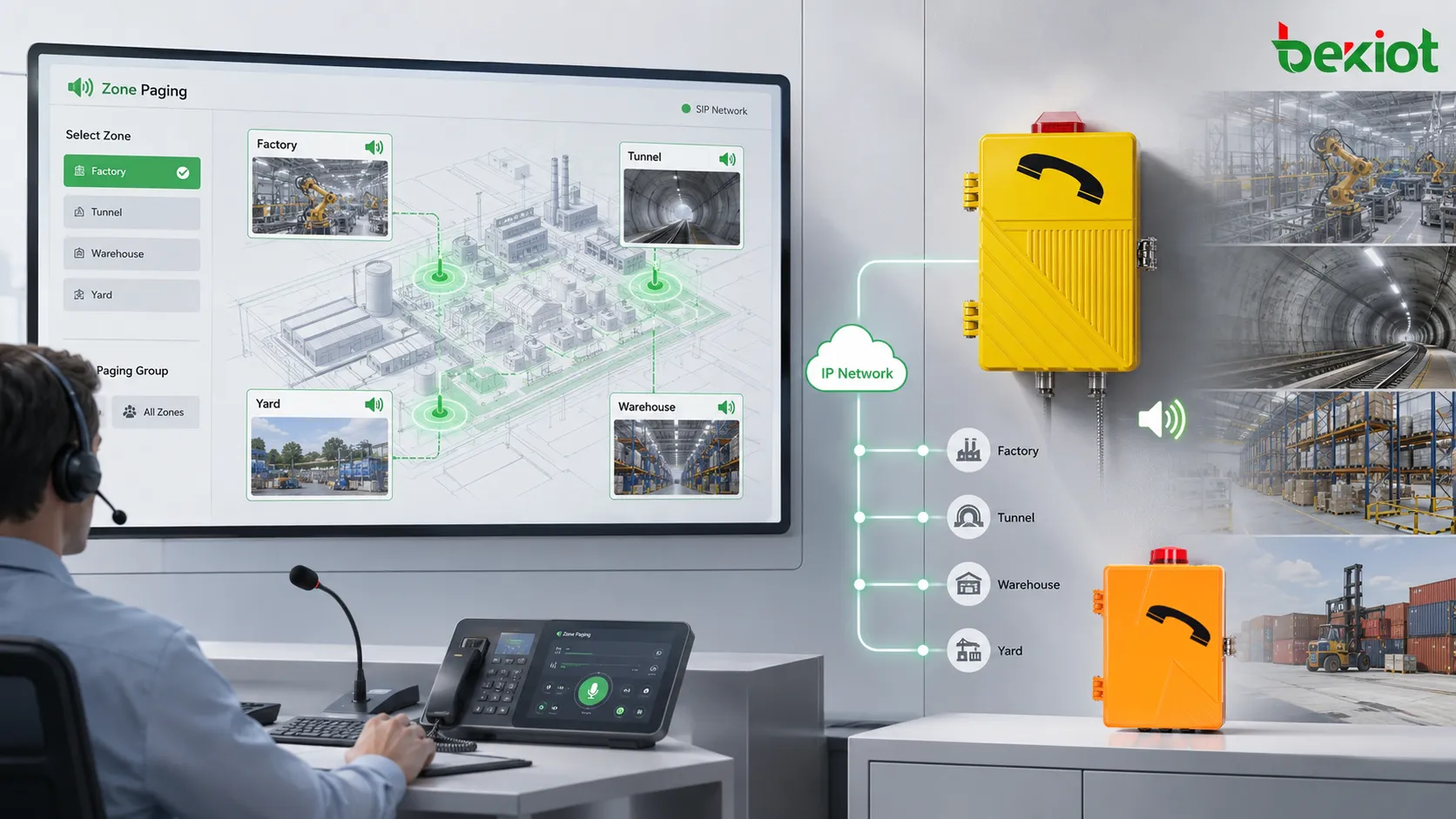 Transmissão multizona com telefone SIP amplificado, operador da sala de controlo selecionando zonas da fábrica, secção do túnel, parque exterior e zonas de chamada do armazém através da rede IP