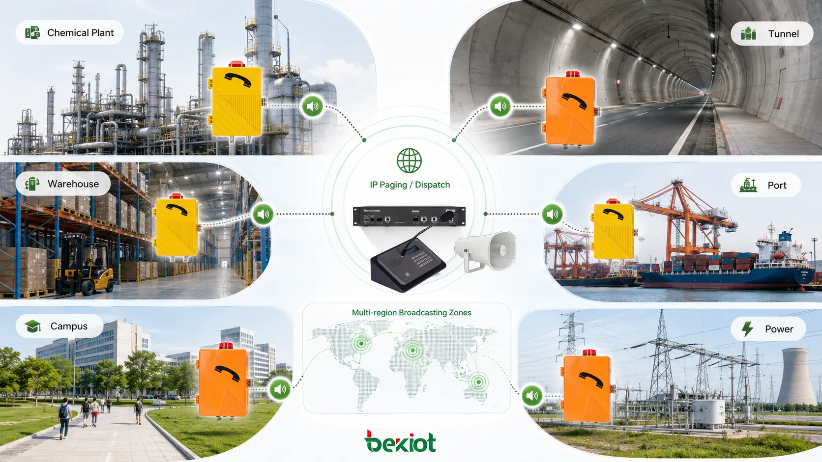 Cenários de aplicação de telefones SIP amplificados em fábrica química, túnel, armazém, porto, campus, instalação elétrica e zonas de transmissão multizona