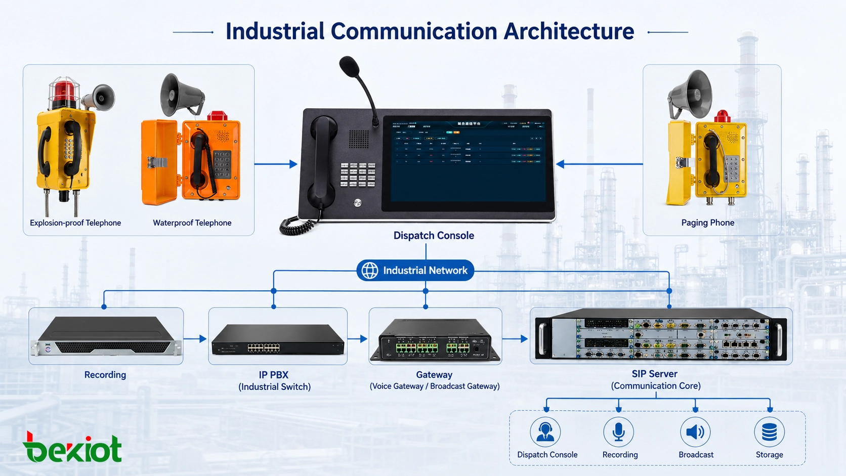 Arquitetura de comunicação industrial com telefones à prova de explosão, switches industriais, servidores SIP, consoles de despacho, plataformas de gravação e sistemas de radiodifusão