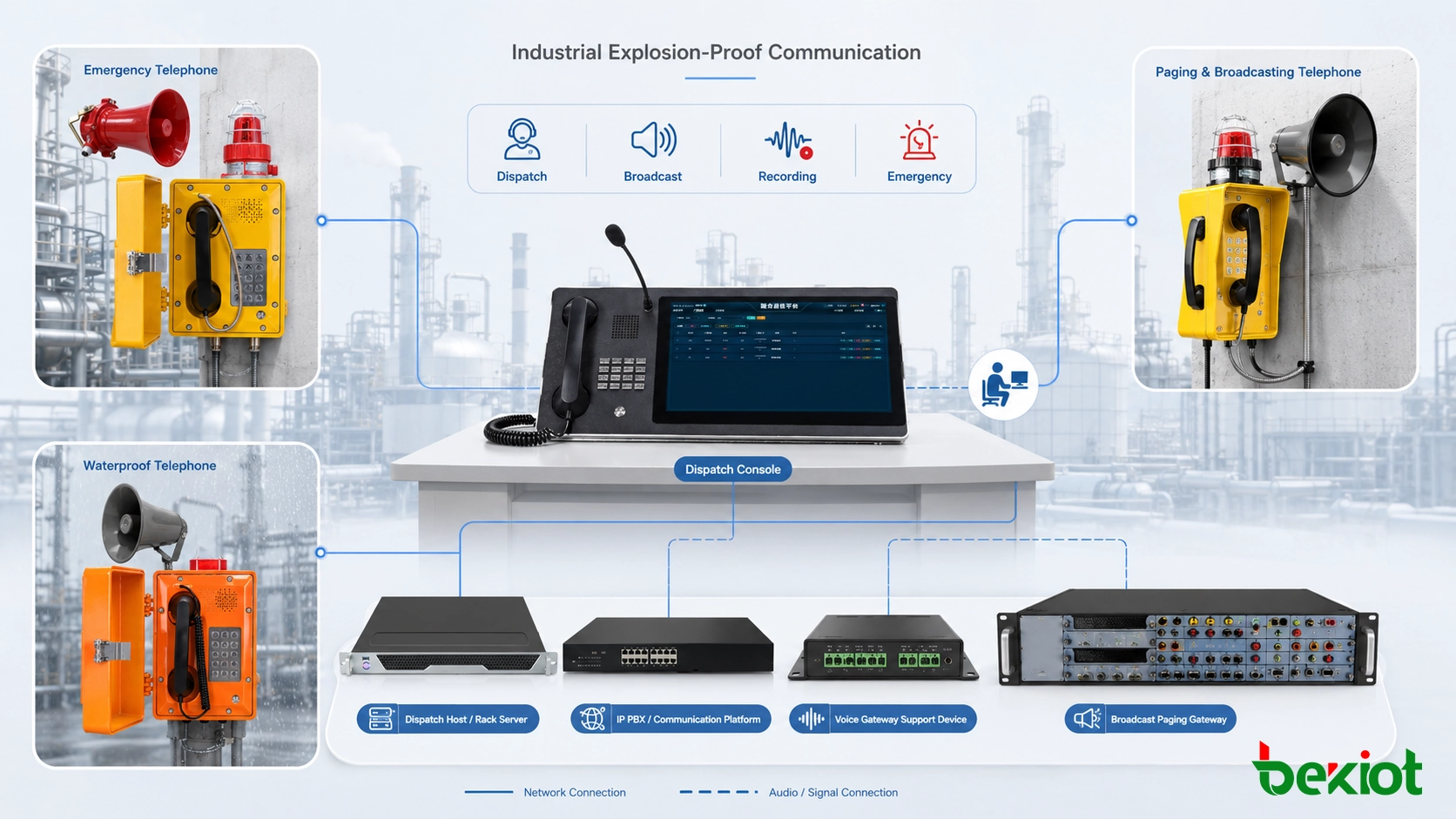 Sistema de comunicação industrial à prova de explosão que conecta telefones de áreas perigosas, consoles de despacho, radiodifusão, gravação e recursos de resposta a emergências
