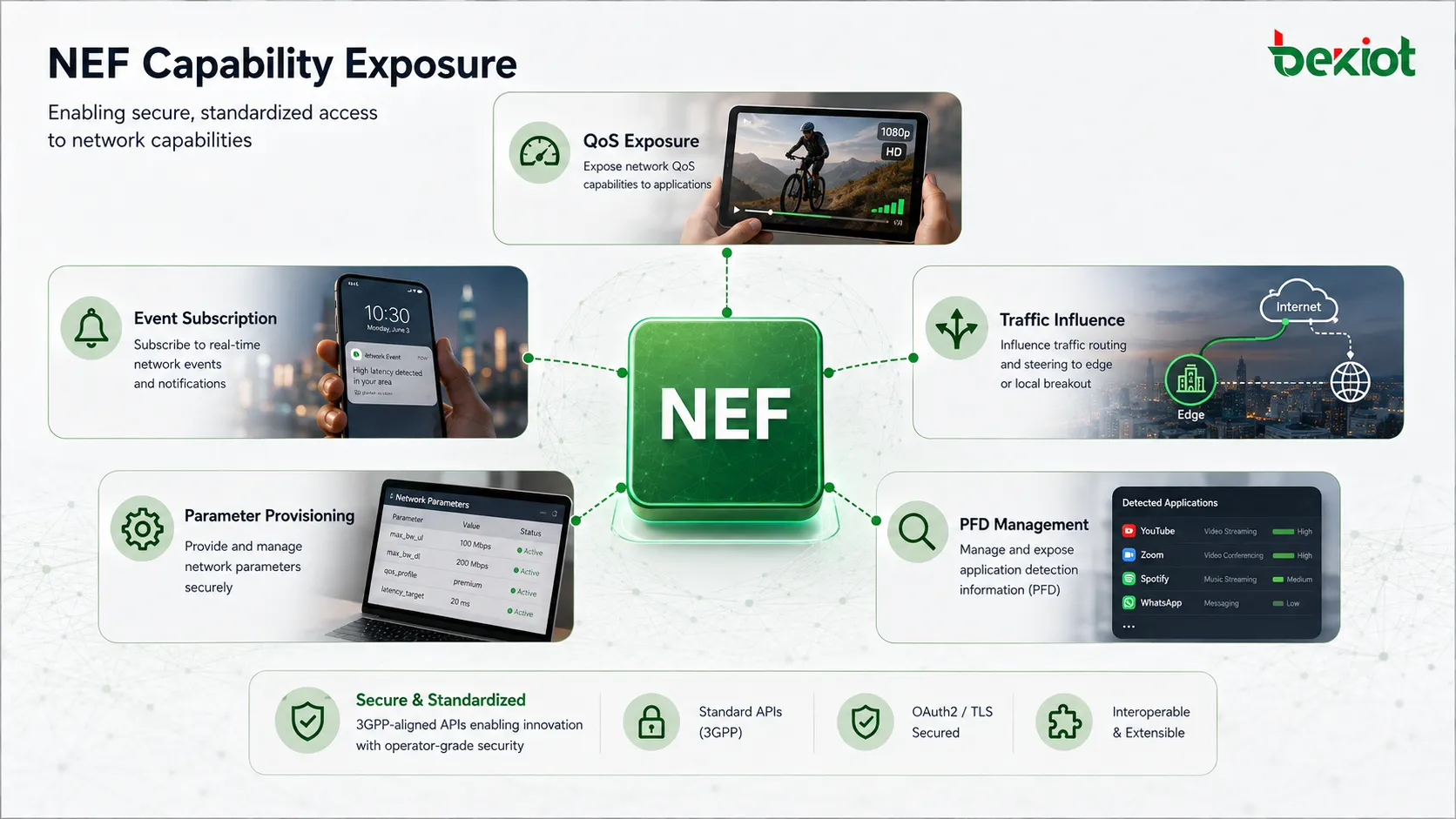 Exposição de capacidades do NEF no 5GC abrangendo QoS, subscrição de eventos, influência de tráfego, provisionamento de parâmetros e gestão de PFD
