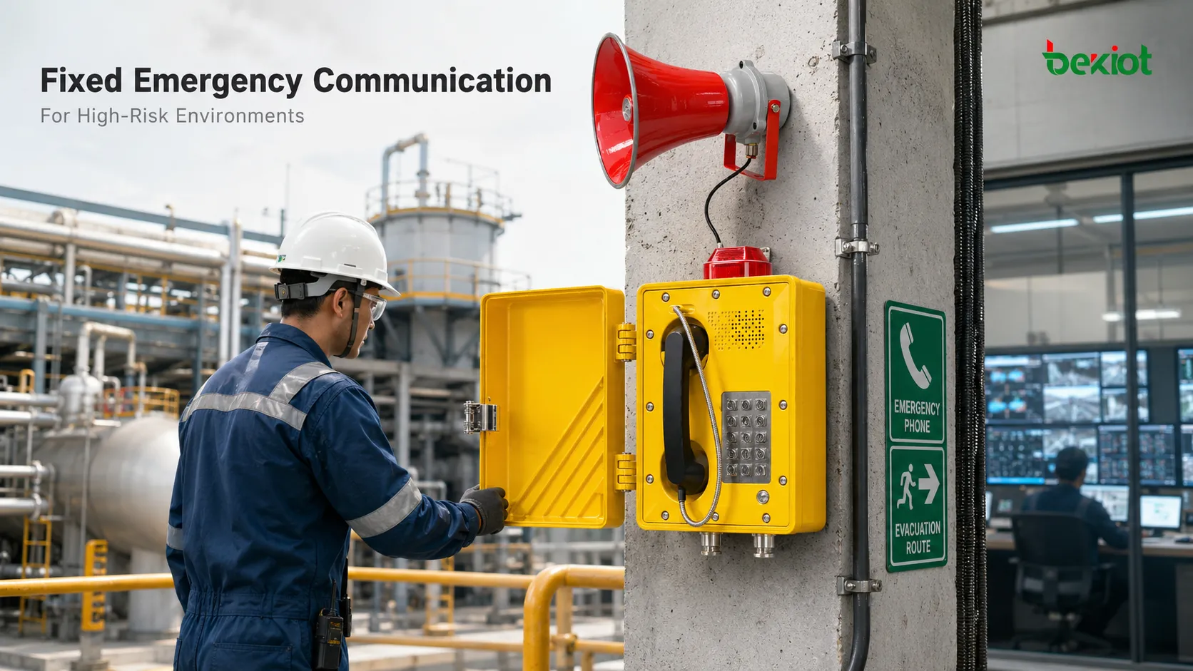 Telefone à prova de explosão em ambiente de trabalho de alto risco em refinaria, com tubulações, área de tanques, sinal de advertência, ponto de chamada de emergência para trabalhador e comunicação de voz com a sala de controle
