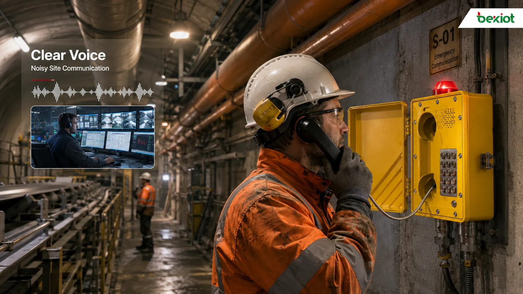 Telefone à prova de explosão oferecendo comunicação de voz clara em ambiente industrial ruidoso com máquinas, eco de túnel, trabalhador com monofone e operador da sala de controle