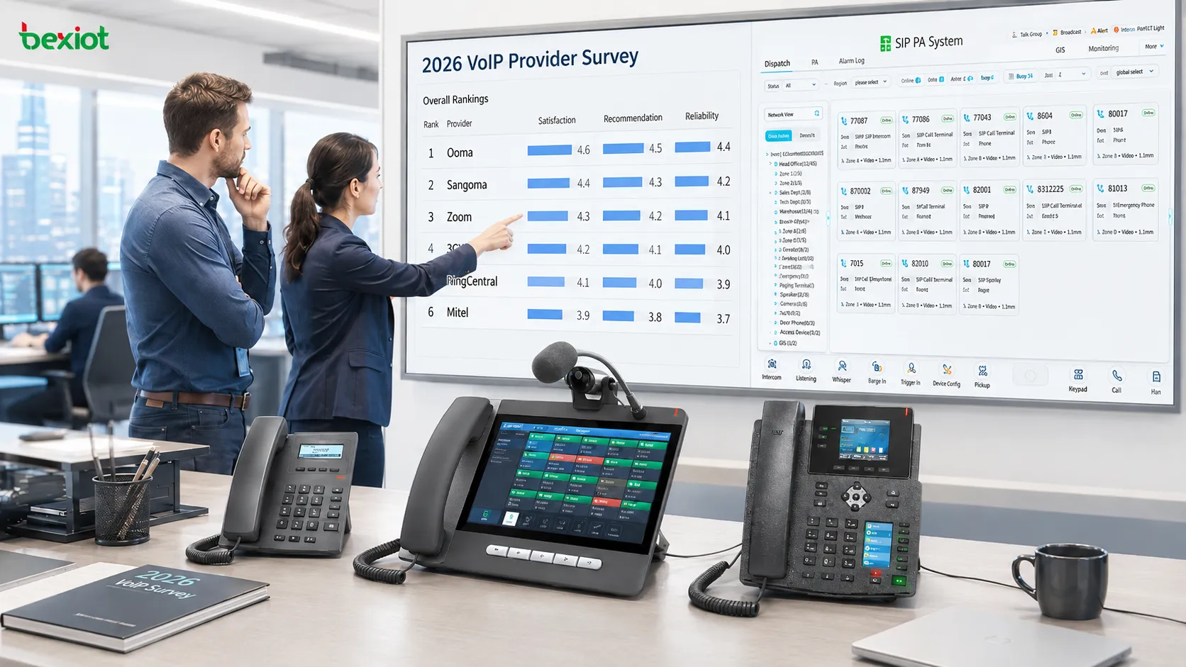Pesquisa de provedores VoIP 2026 comparando Ooma Sangoma Zoom 3CX RingCentral e Mitel com base na satisfação e recomendação de profissionais de TI