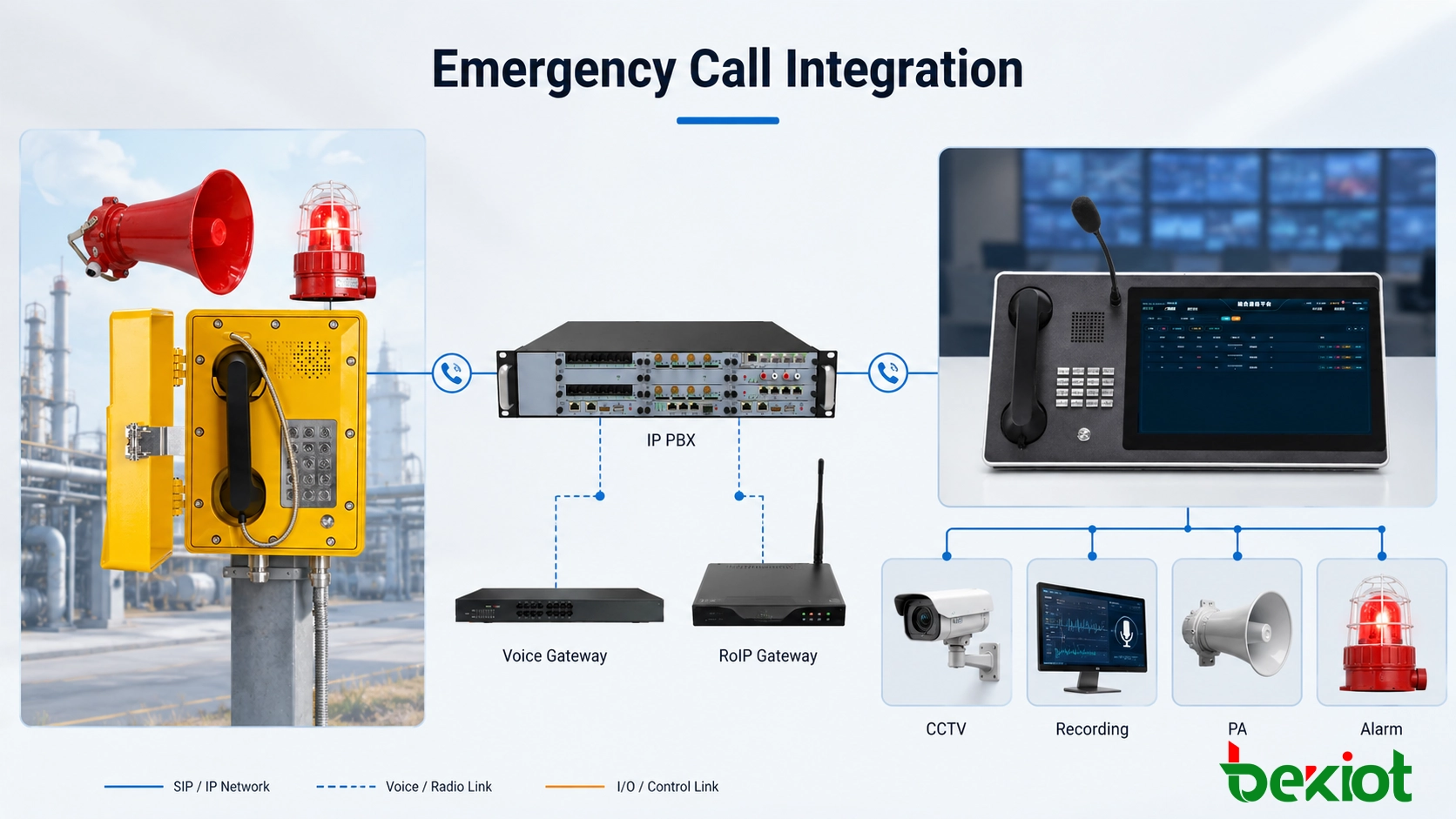 Integração de chamada de emergência de telefone à prova de explosão com gravação, CCTV, PA e alarmes sonoros/visuais
