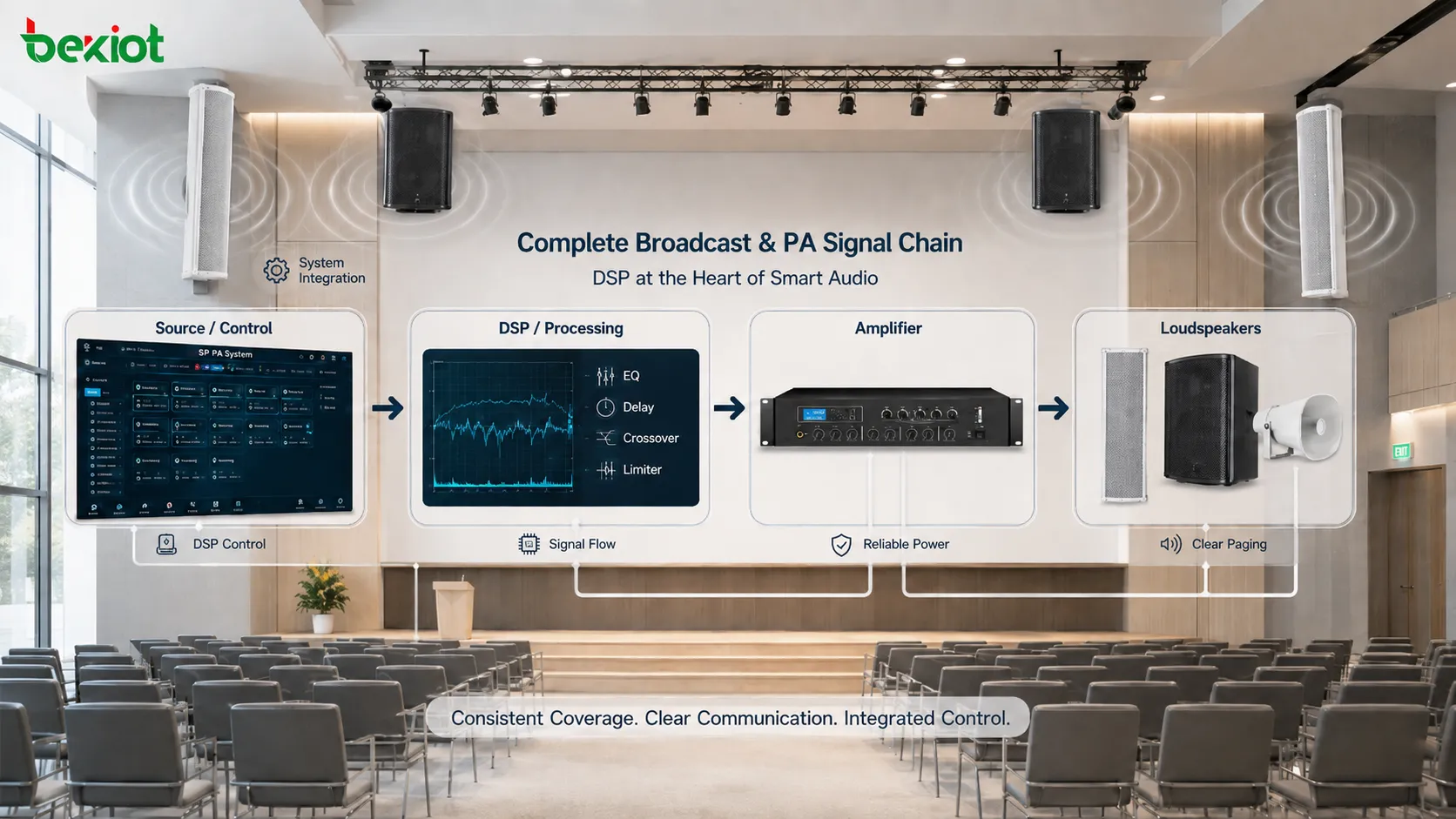 Sistema profissional de sonorização e PA usando DSP para equalização atraso crossover limitação e cobertura sonora consistente