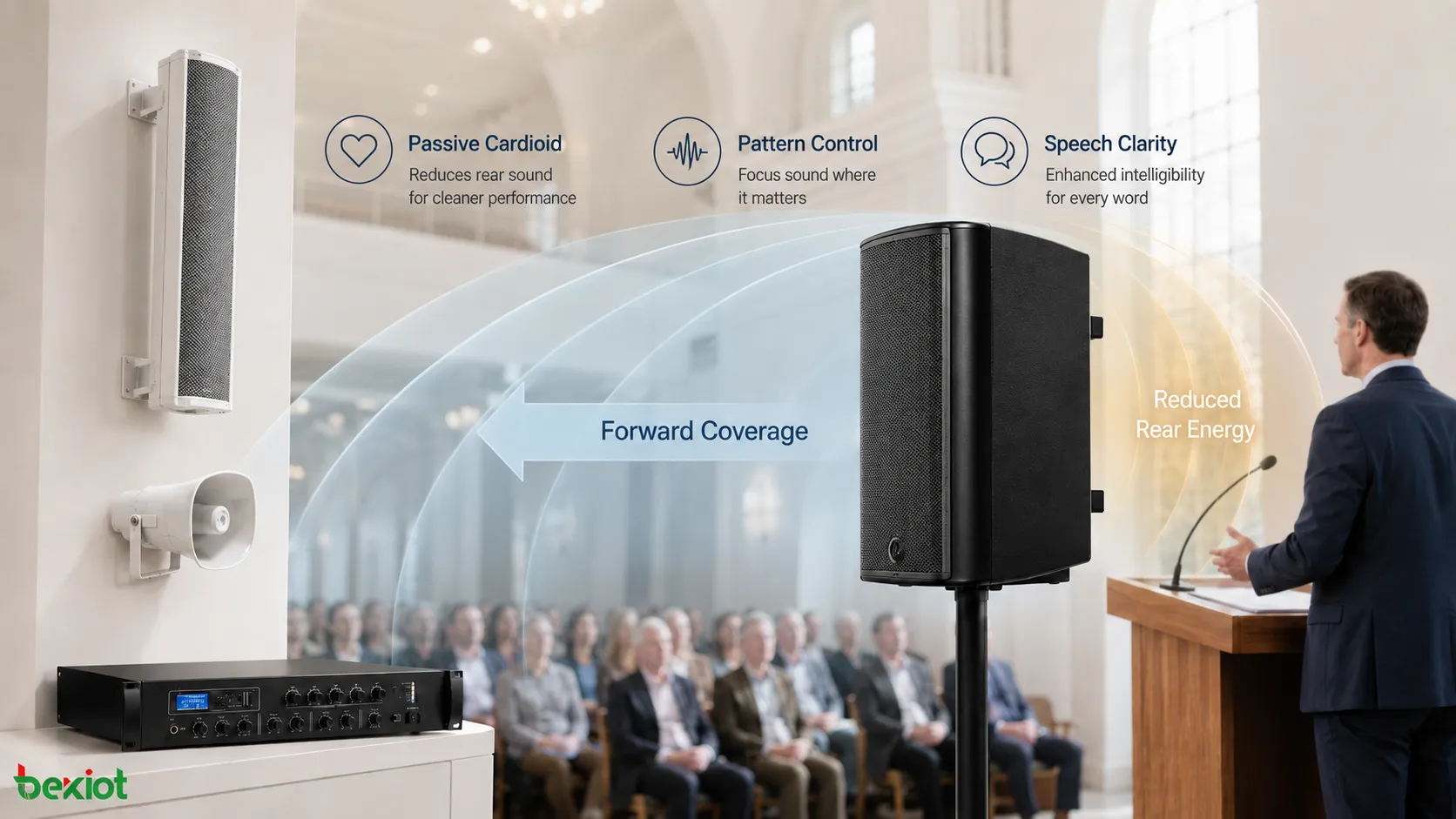 Alto-falante cardioide passivo controlando energia de baixa frequência traseira em uma igreja e reduzindo som indesejado na cobertura