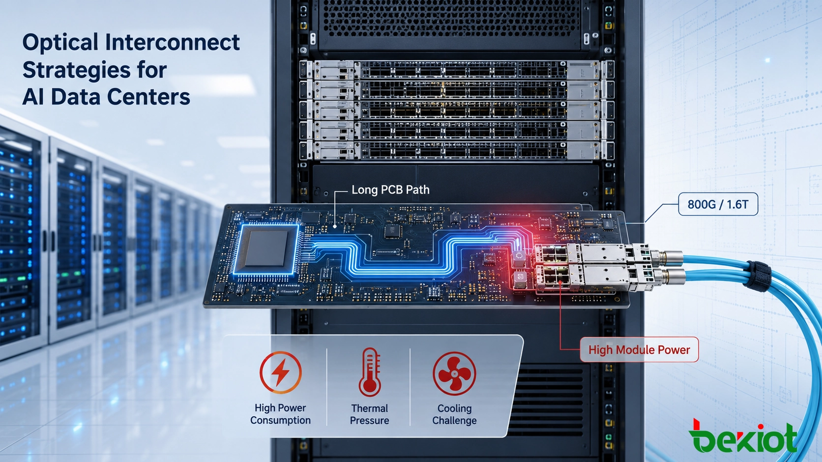 Switch de data center de IA de alta densidade mostrando potência do módulo óptico, pressão térmica e longos caminhos elétricos de PCB