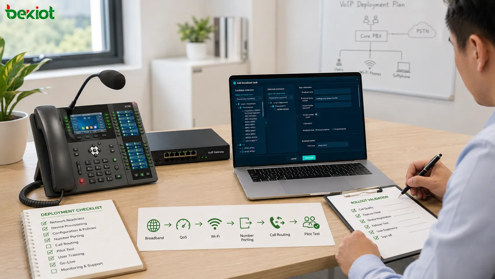 Checklist de implantação VoIP para pequenas empresas cobrindo qualidade da banda larga QoS Wi-Fi portabilidade numérica telefones IP aplicativos móveis roteamento integração CRM e teste piloto
