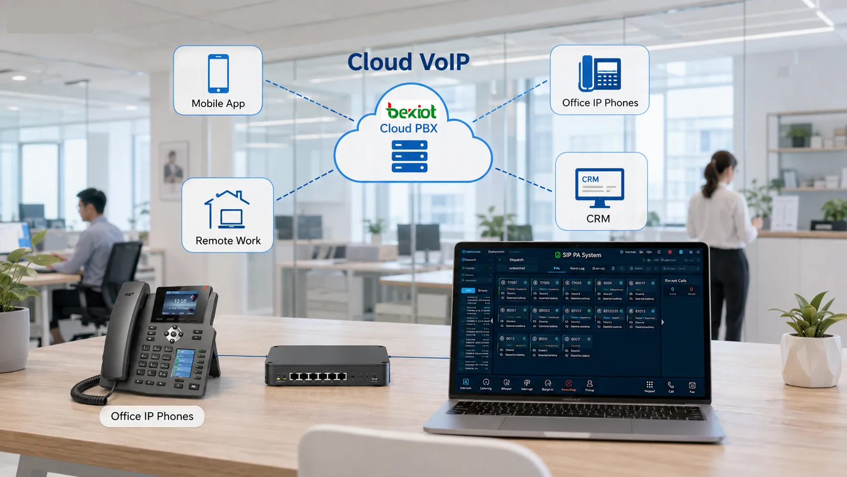 Arquitetura VoIP em nuvem conectando telefones de escritório funcionários remotos aplicativos móveis redes de banda larga e serviços de comunicação em nuvem para pequenas empresas