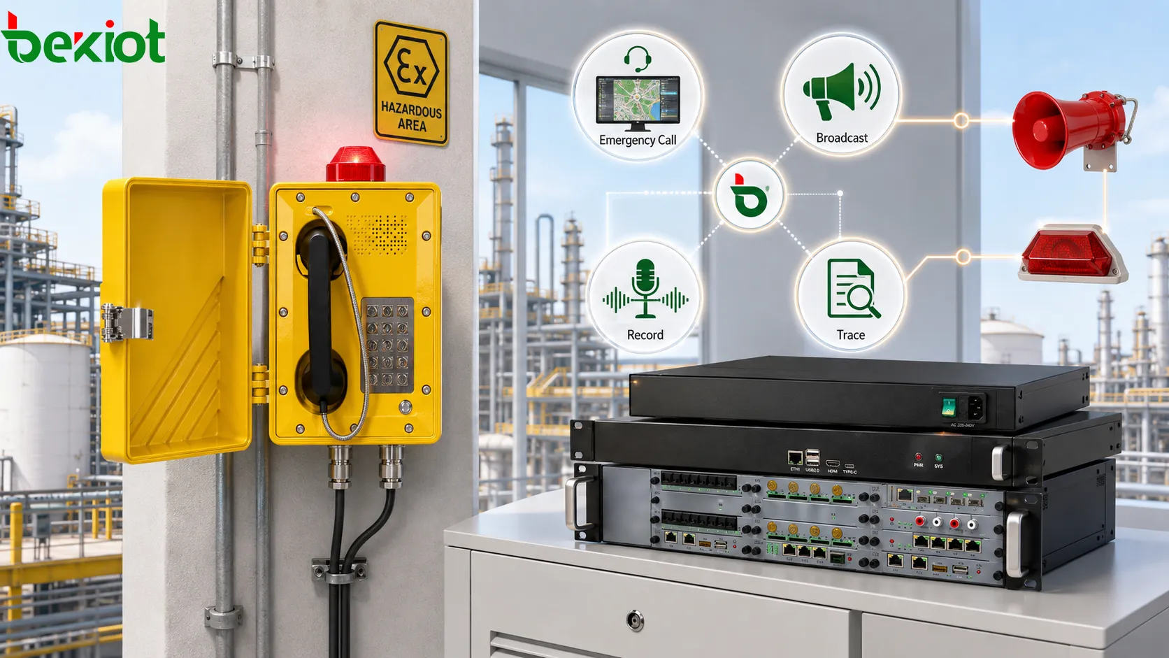 Telefone à prova de explosão conectado à plataforma de despacho e ao sistema de gravação mostrando chamada de emergência tratamento na sala de controle integração com sonorização rastreabilidade e ciclo de análise do tempo de resposta
