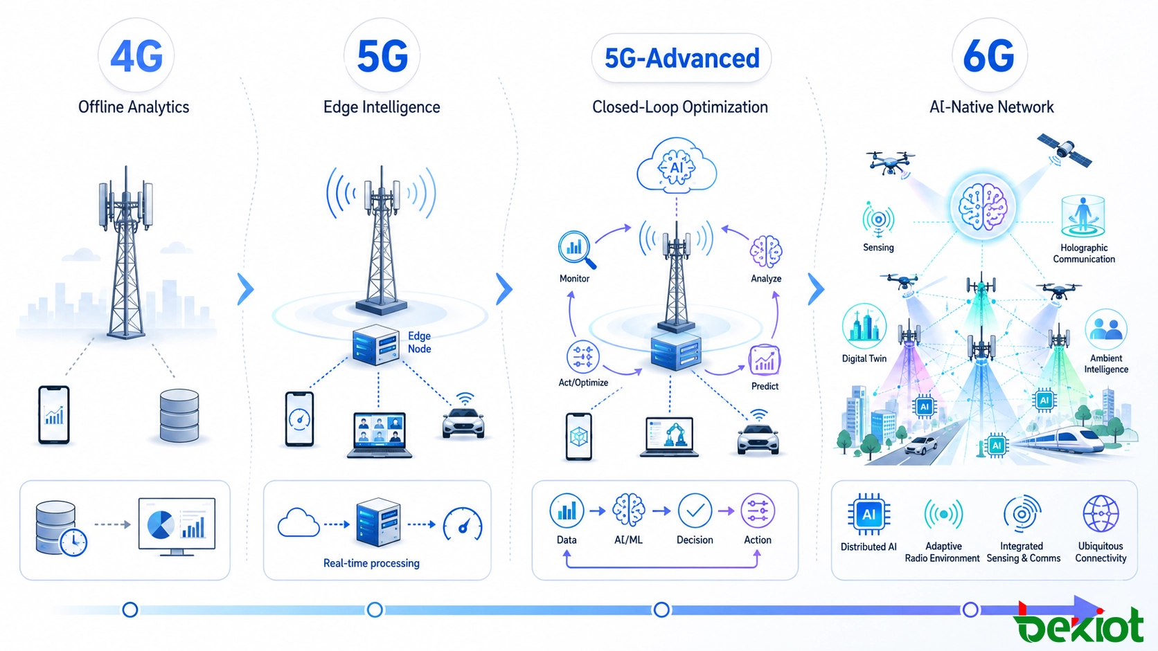 Evolução da IA em redes móveis, desde a análise offline no 4G até a inteligência de borda no 5G, a otimização em malha fechada no 5G-Advanced e o futuro 6G nativo de IA