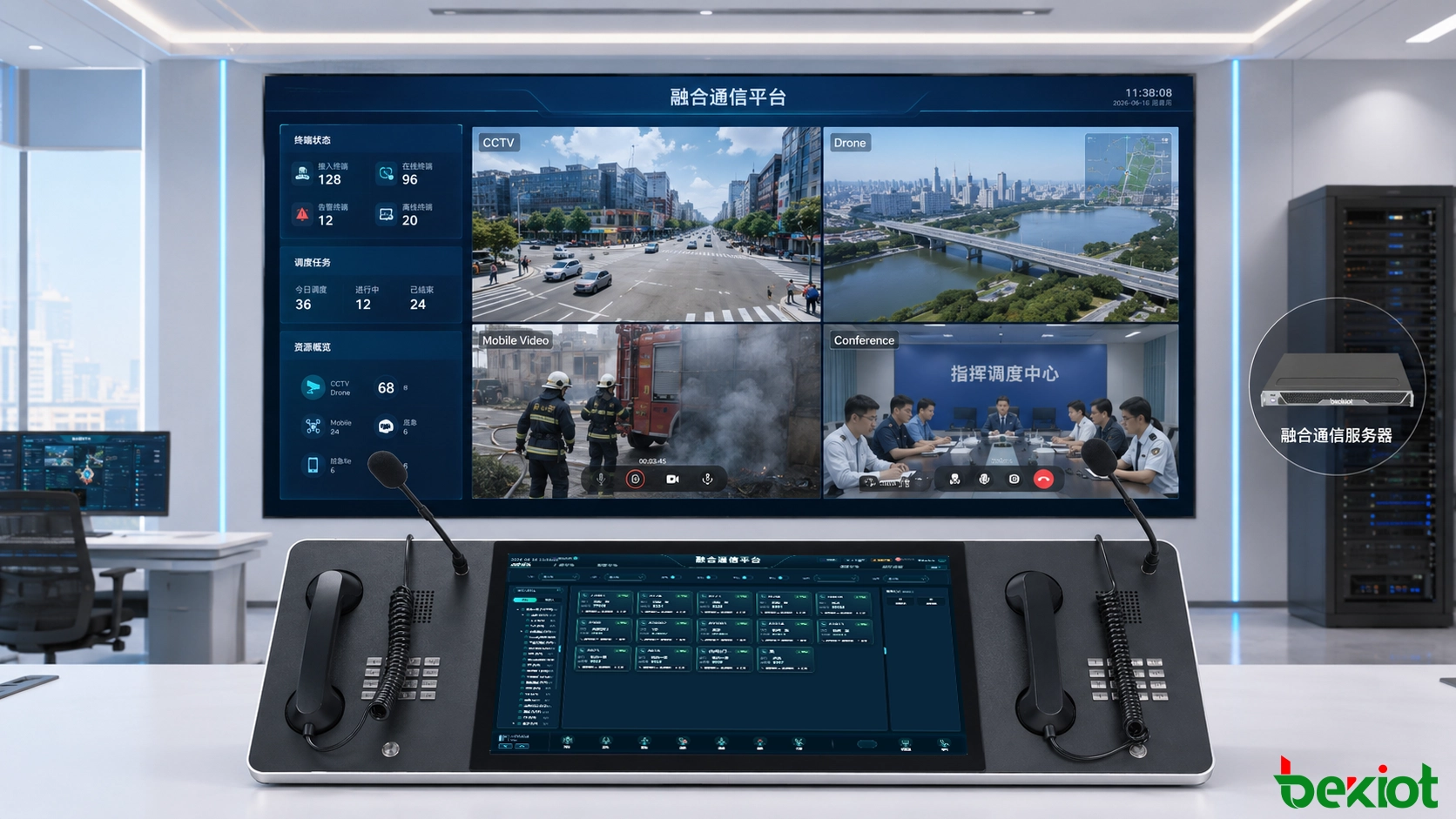 Centro de comando unificado exibindo fluxos de CCTV, drone, videoconferência e vídeo móvel após normalização de protocolo e mídia