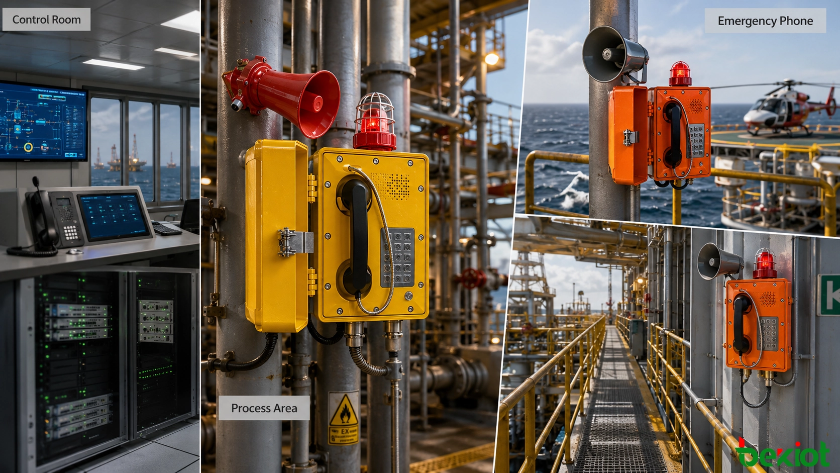 Implantação de telefones de emergência em plataforma offshore baseada em zonas, cobrindo a sala de controle, convés de produção, área de compressores, heliponto, sala de máquinas e área de botes salva-vidas