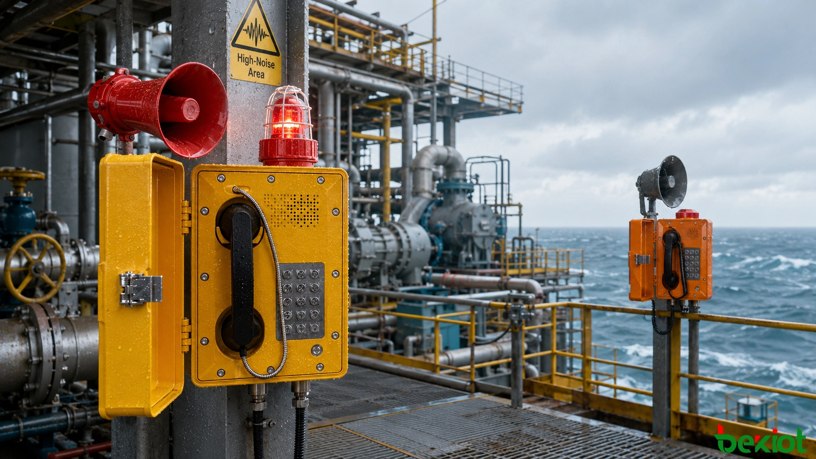 Comunicação de emergência em plataforma offshore com alto ruído usando telefones industriais, alto-falantes tipo corneta, alarmes visuais e integração com o despacho da sala de controle