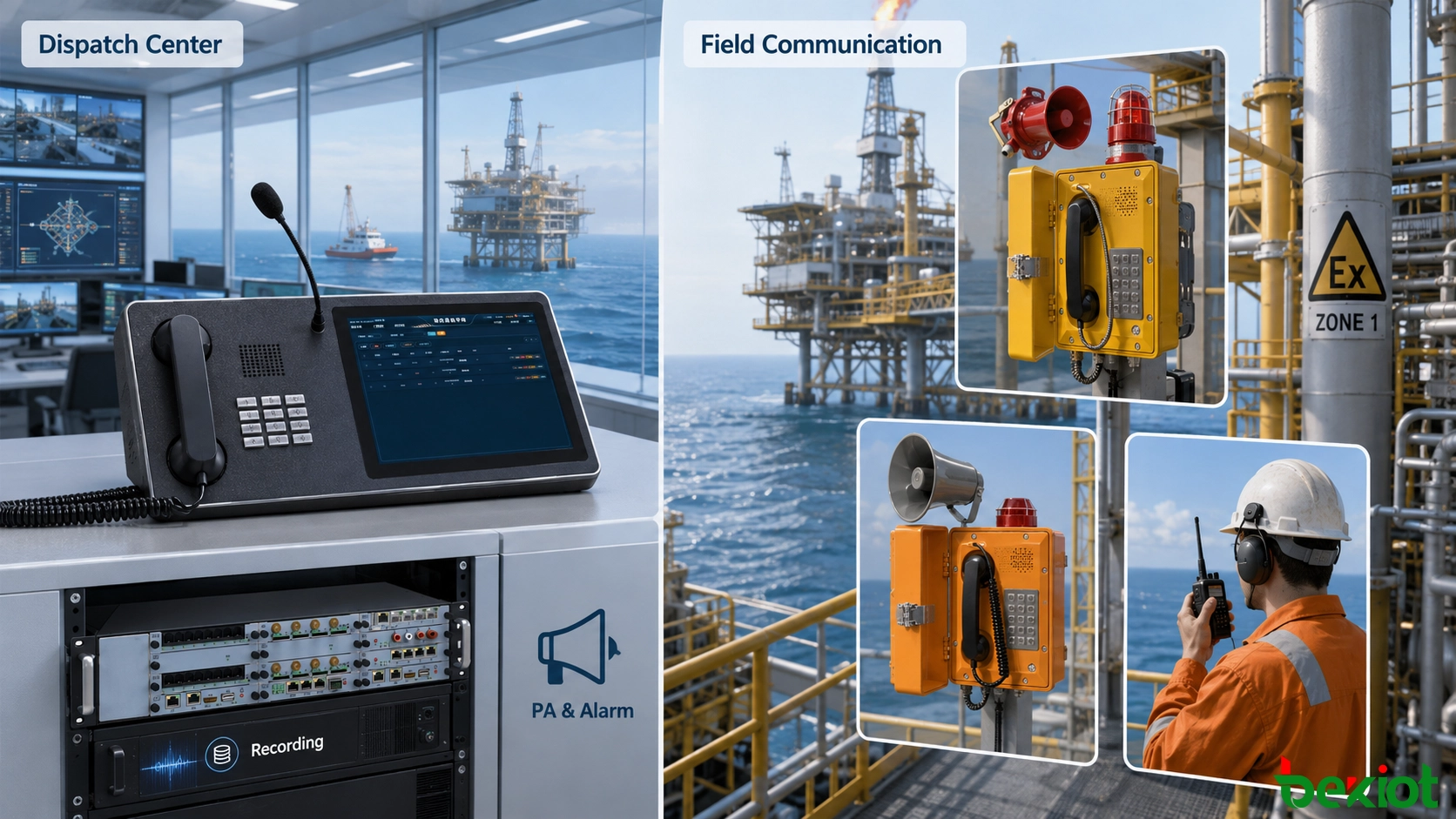 Arquitetura de comunicação de emergência para plataforma offshore conectando telefones industriais e à prova de explosão com servidores de despacho, consoles da sala de controle, sonorização, alarmes e sistemas de gravação