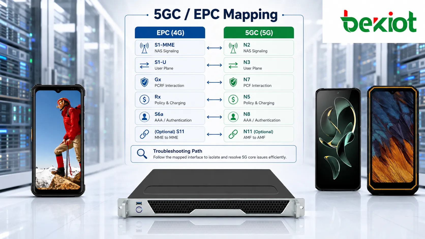 Mapeamento de interfaces 5GC e EPC comparando N2 N3 N4 N5 N7 N8 N11 e outras interfaces do núcleo com S1 Gx Rx S6a e interfaces EPC legadas