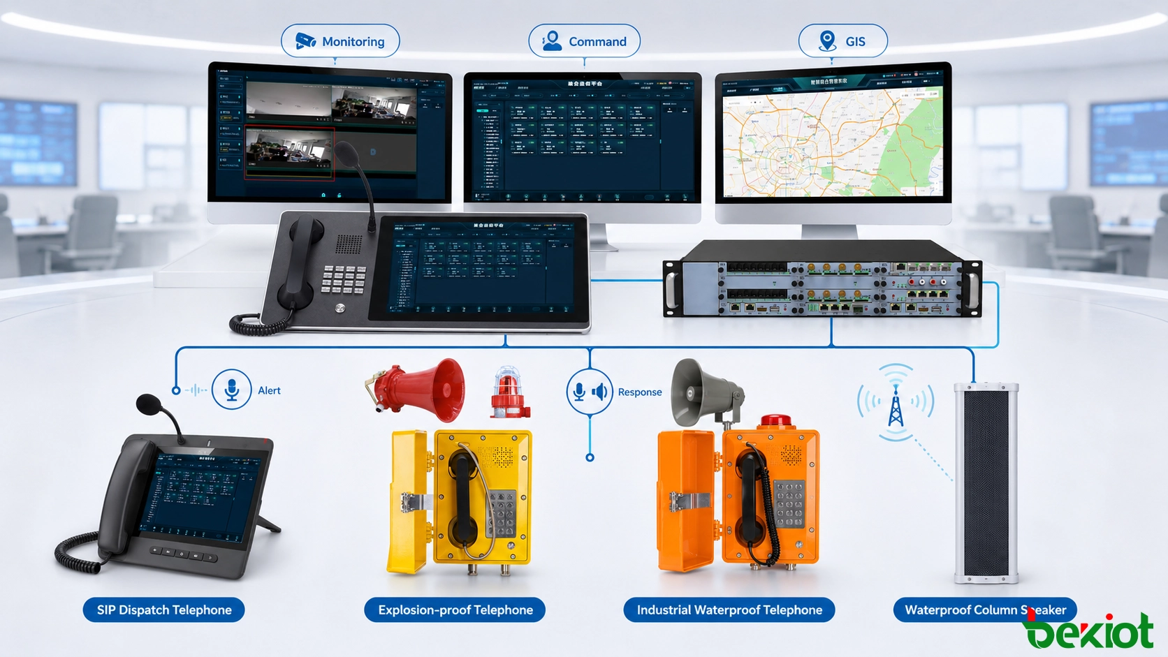 Fluxo de trabalho de comando e despacho coordenando operadores, pessoal de campo, videovigilância e recursos IoT