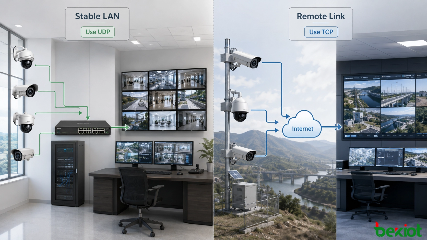 Rede de videovigilância mostrando a seleção de protocolo para monitoramento local de câmeras e transmissão remota pela Internet