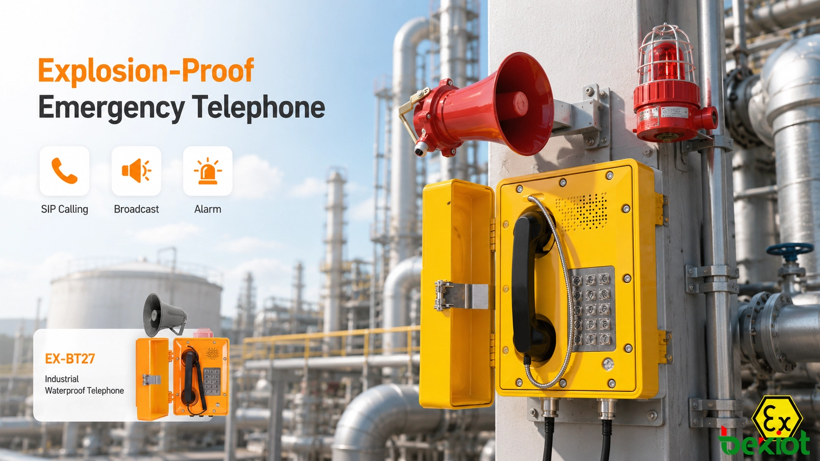 Telefone à prova de explosão instalado em uma área petroquímica perigosa com funções de alarme e comunicação industrial