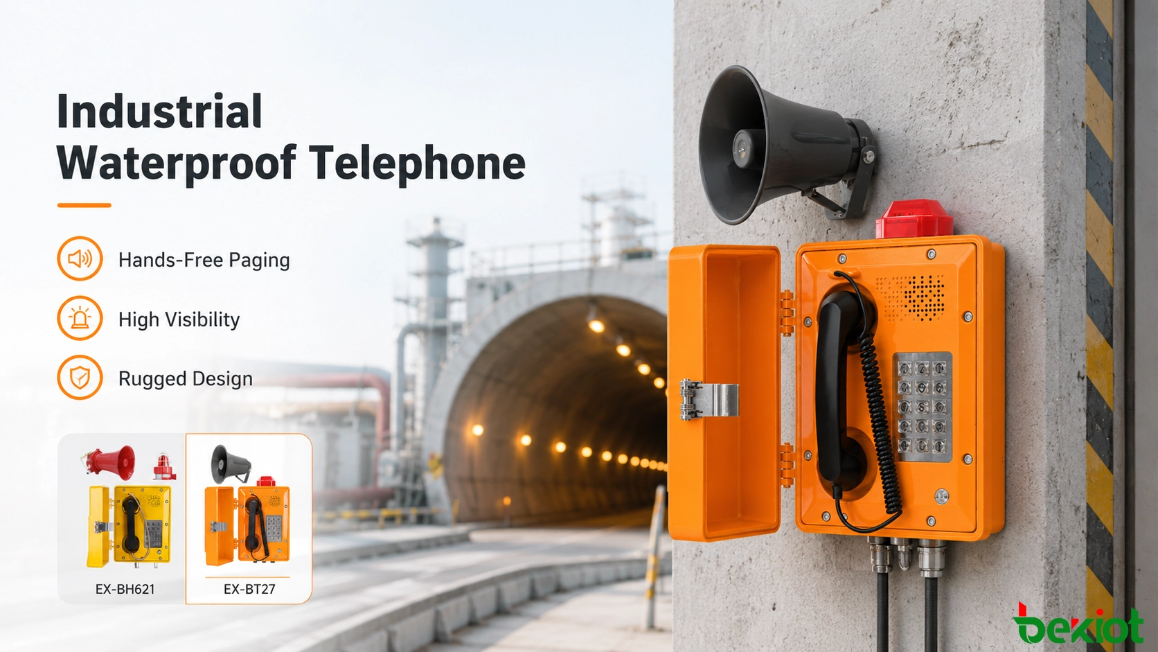 Telefone industrial resistente à água usado em um túnel e em um ambiente de comunicação industrial externo