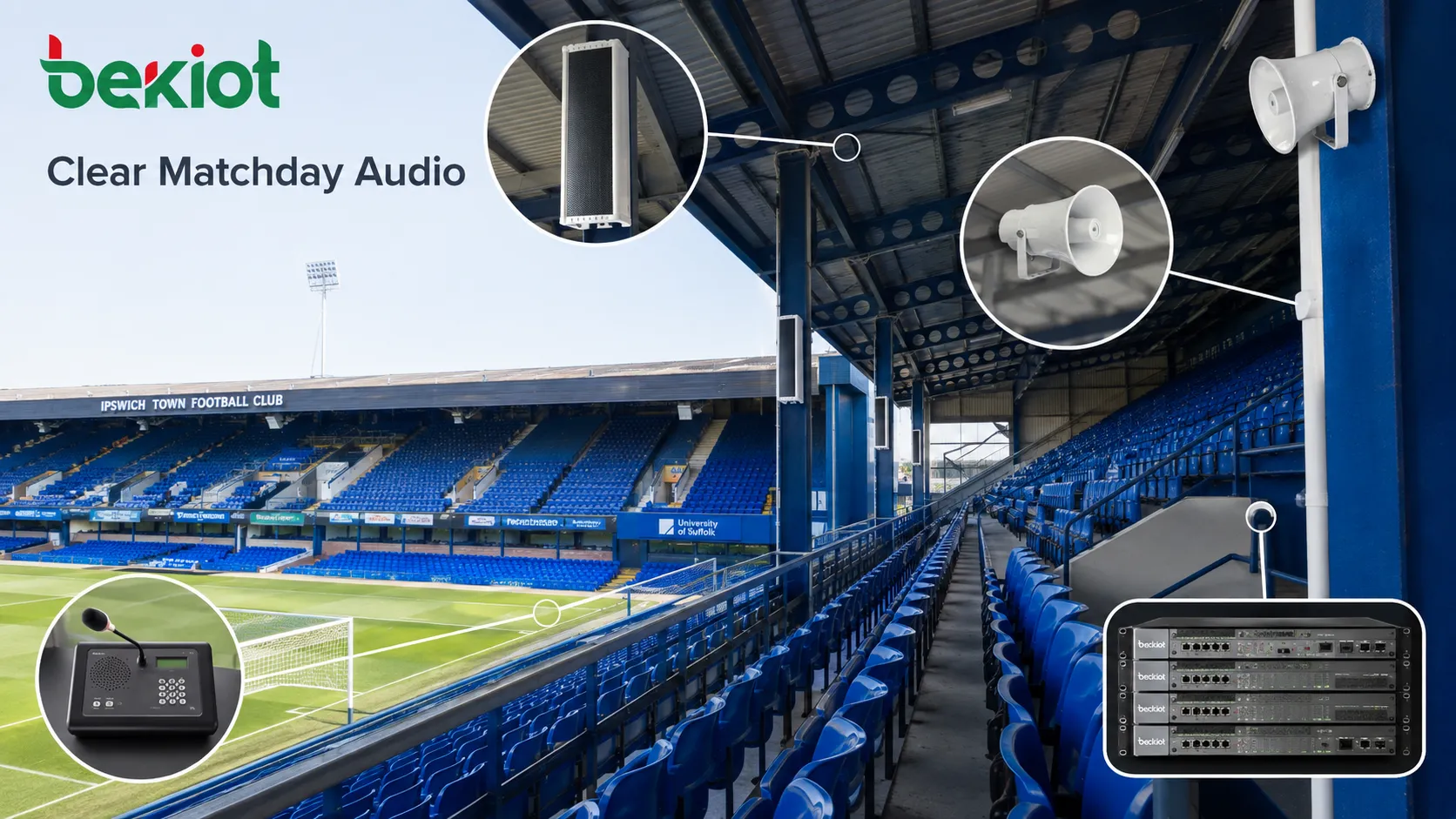 Exterior e arquibancadas do estádio Portman Road do Ipswich Town, onde o clube planeja uma atualização do sistema de PA de £1 milhão