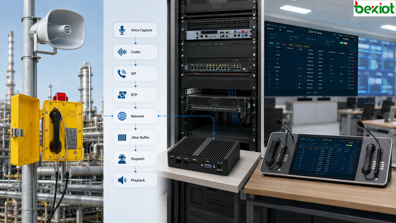 Caminho de sinal da latência de voz em telefone industrial mostrando captação por microfone, codificação de áudio, transmissão SIP e RTP, comutação de rede, plataforma de despacho, buffer de jitter, decodificação e saída por alto-falante