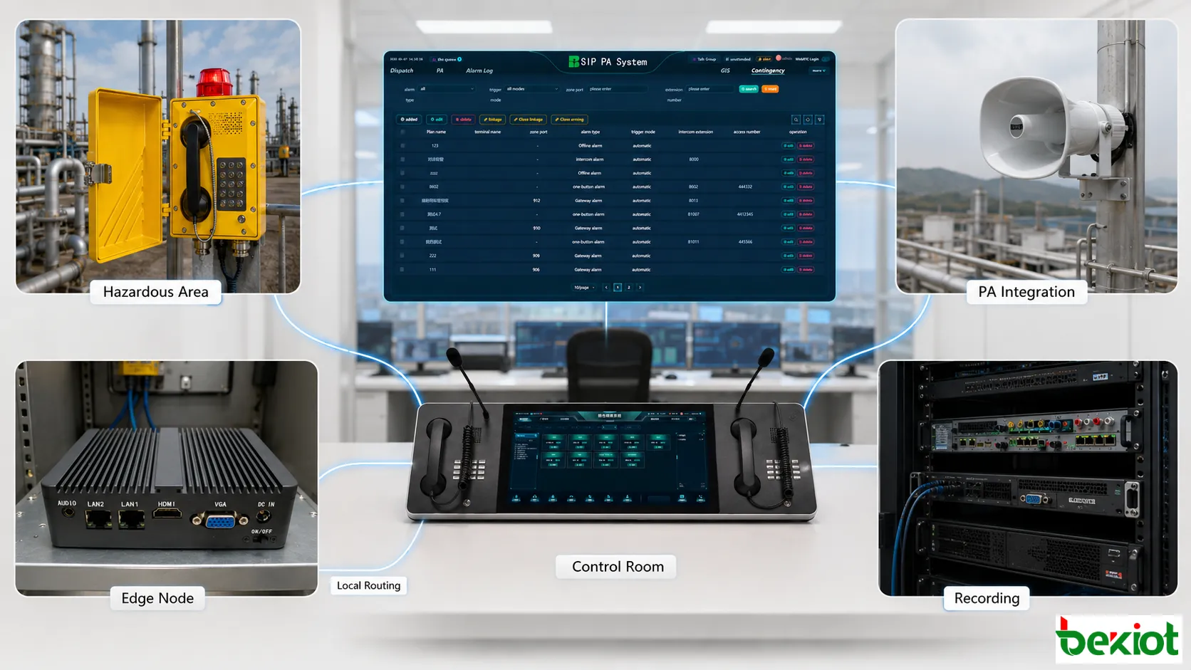 Roteamento de plataforma de despacho de baixa latência para telefone industrial mostrando servidor SIP local, console da sala de controle, telefone à prova de explosão, sistema de gravação, integração PA e nó de acesso de borda
