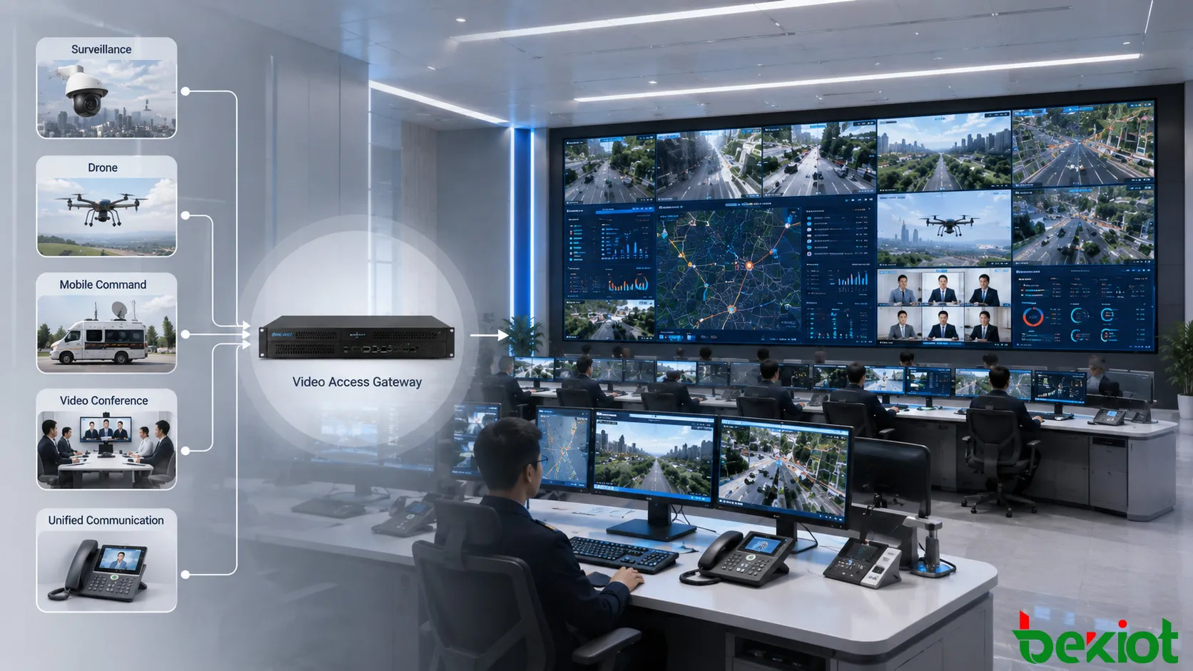 Centro de comando integrando câmeras de vigilância, videoconferências, drones, veículos de comando móveis e vídeo de comunicações unificadas por meio de uma camada de acesso a vídeo compartilhada